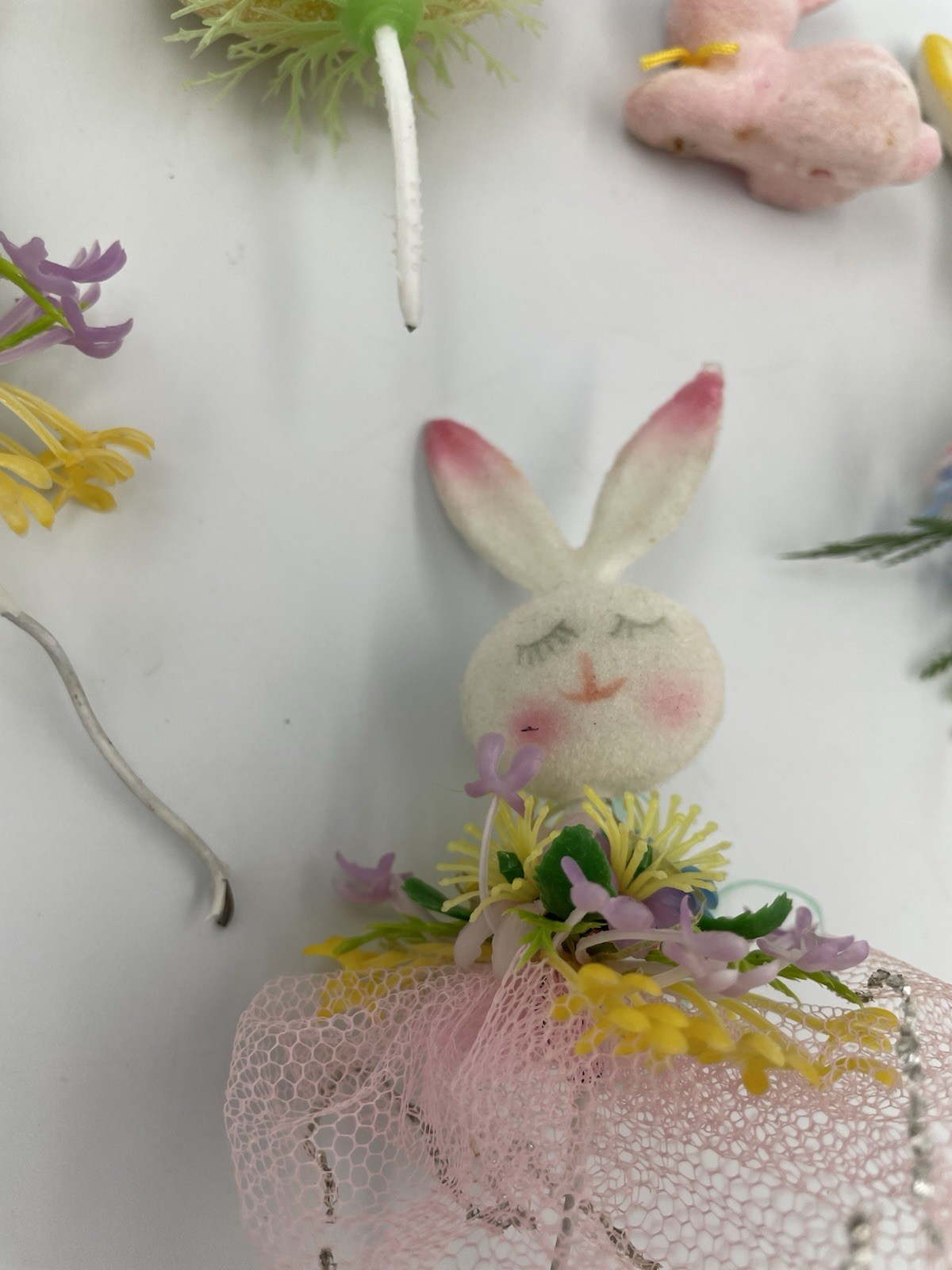 5 VTG Lot Flocked Easter Bunny Rabbit, Egg, Floral Pick Plastic Decoration A20