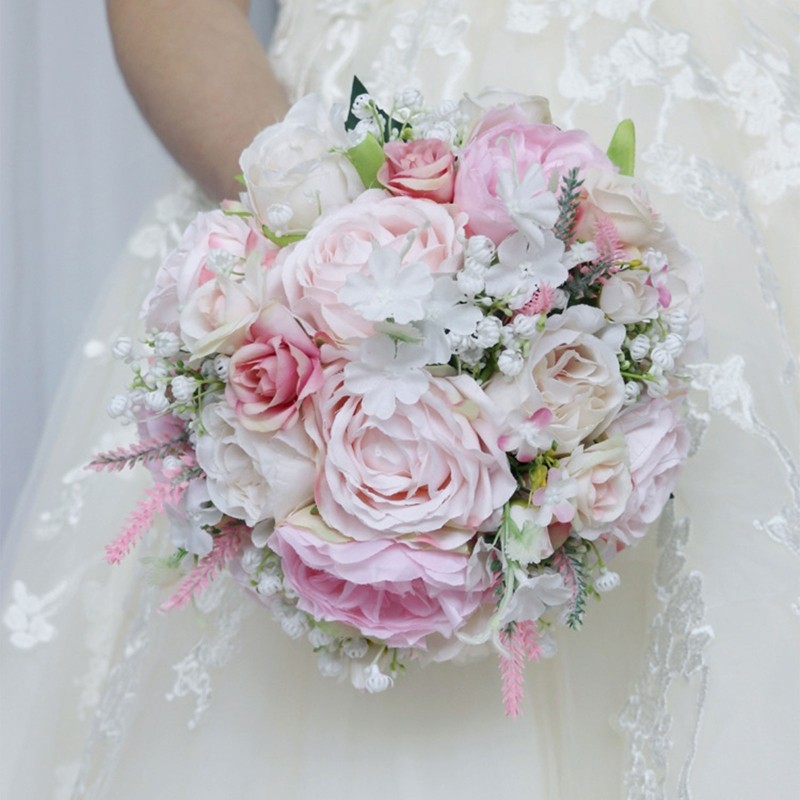 Artificial White/Pink Flower Bouquet with Green Leaves Fake Silk Floral