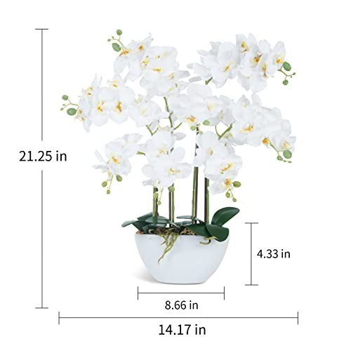 Realistic White Faux Orchid Flowers in Ceramic Pot – Table Centerpiece Decor