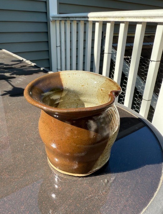 brown and white glazed ceramic flower pot