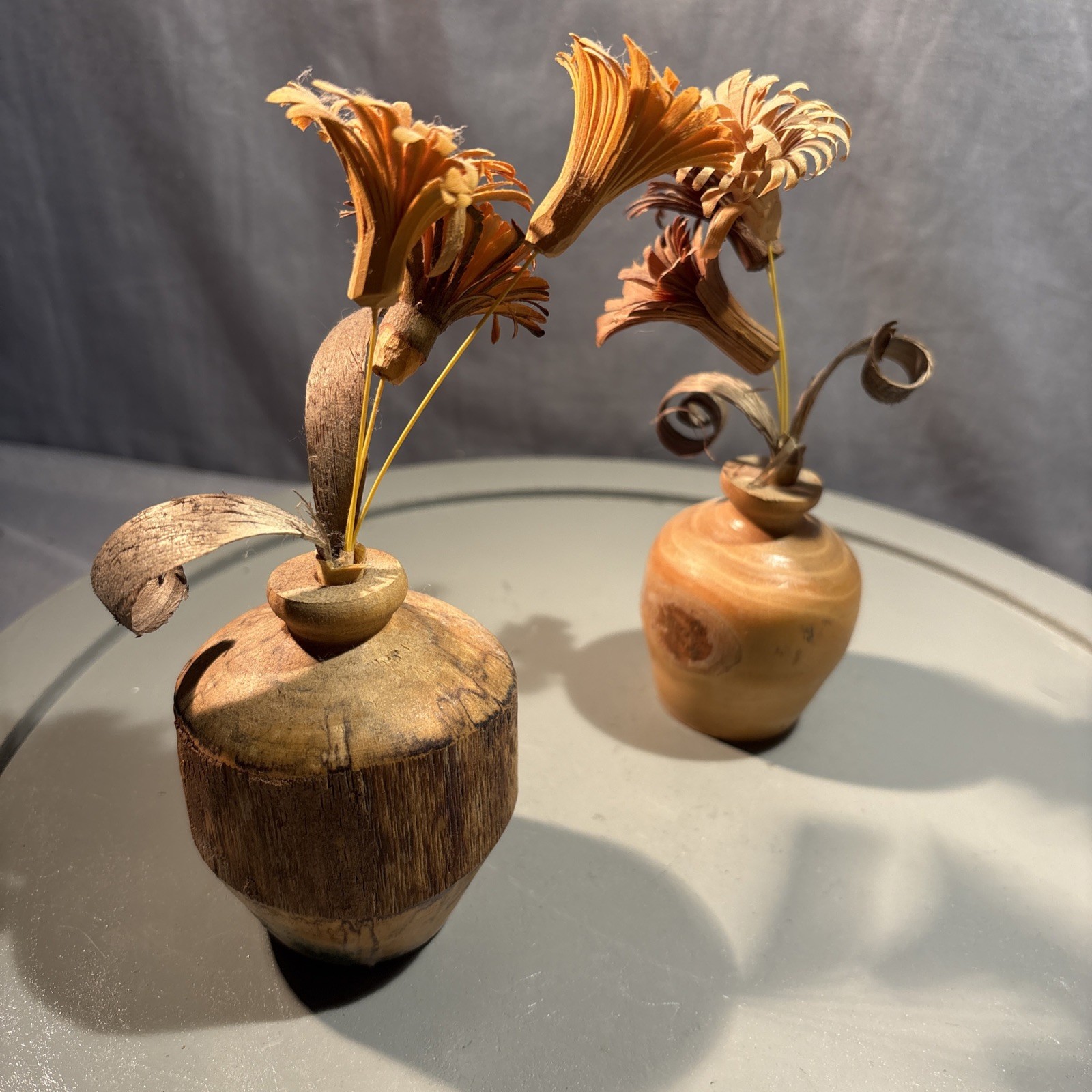 Set Of 2 ~ Wood Shaving Artificial Flowers in wood vase 6″ H Brown Orange Beige