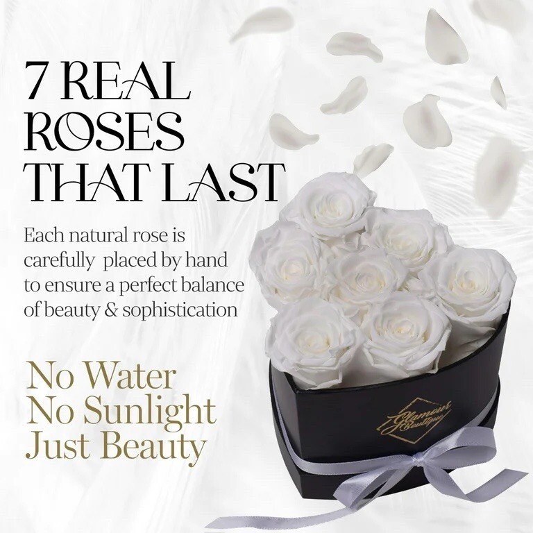 7-Piece Forever Flowers Heart Box – Preserved Roses, Lasts 1 Year, Gift for Mom