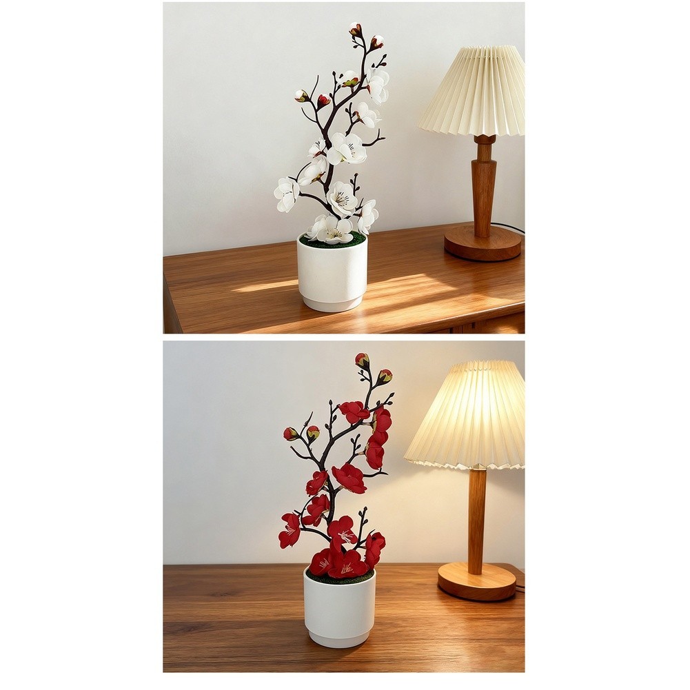 Plastic Potted Artificial Flower Bonsai with Natural-Looking Plum Blossom