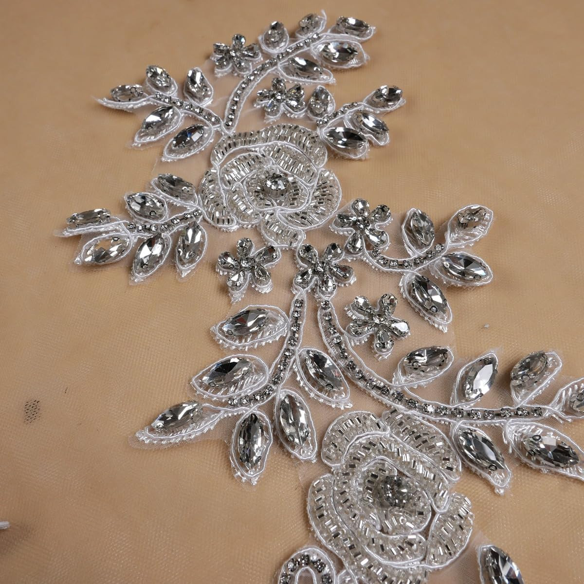 Beaded Rose Flowers &Leaves Rhinestone Pair Applique in Silver for Prom Dress Be