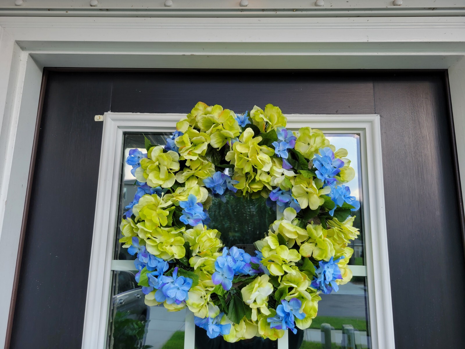 FLORAL one of a kind WREATH flowers Decor Front Door 16″ blue green Hydrangeas