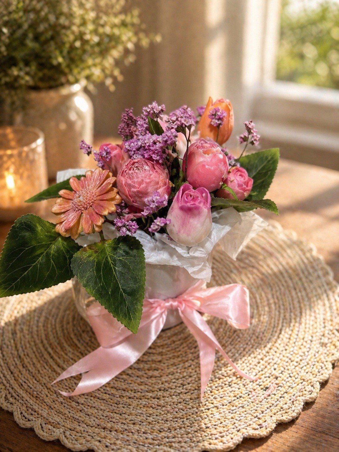 Pink & Purple Rose Gerbera Flower Arrangement Centerpiece in White Pot Ribbon