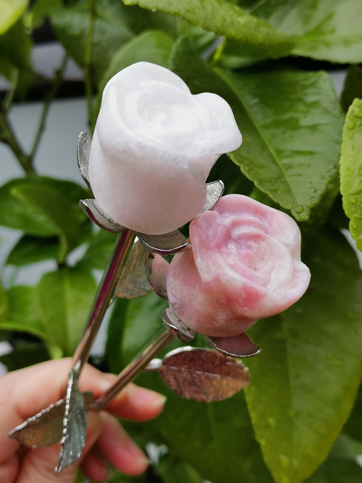 Pink Opal and White Jade rose with silver stem , Decorative Collectible
