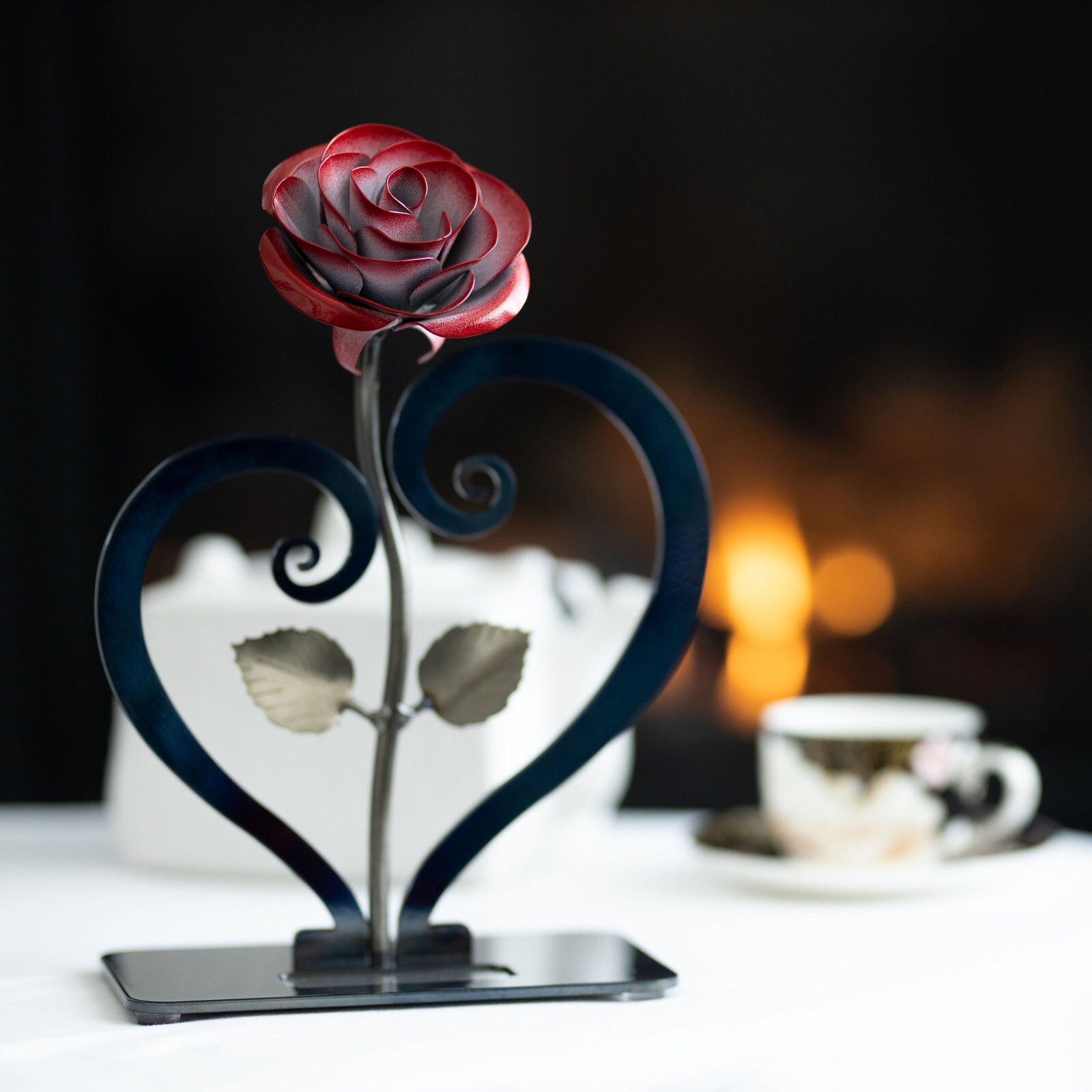 Red Metal Rose with Heart-Shaped Stand – Iron Anniversary Gift