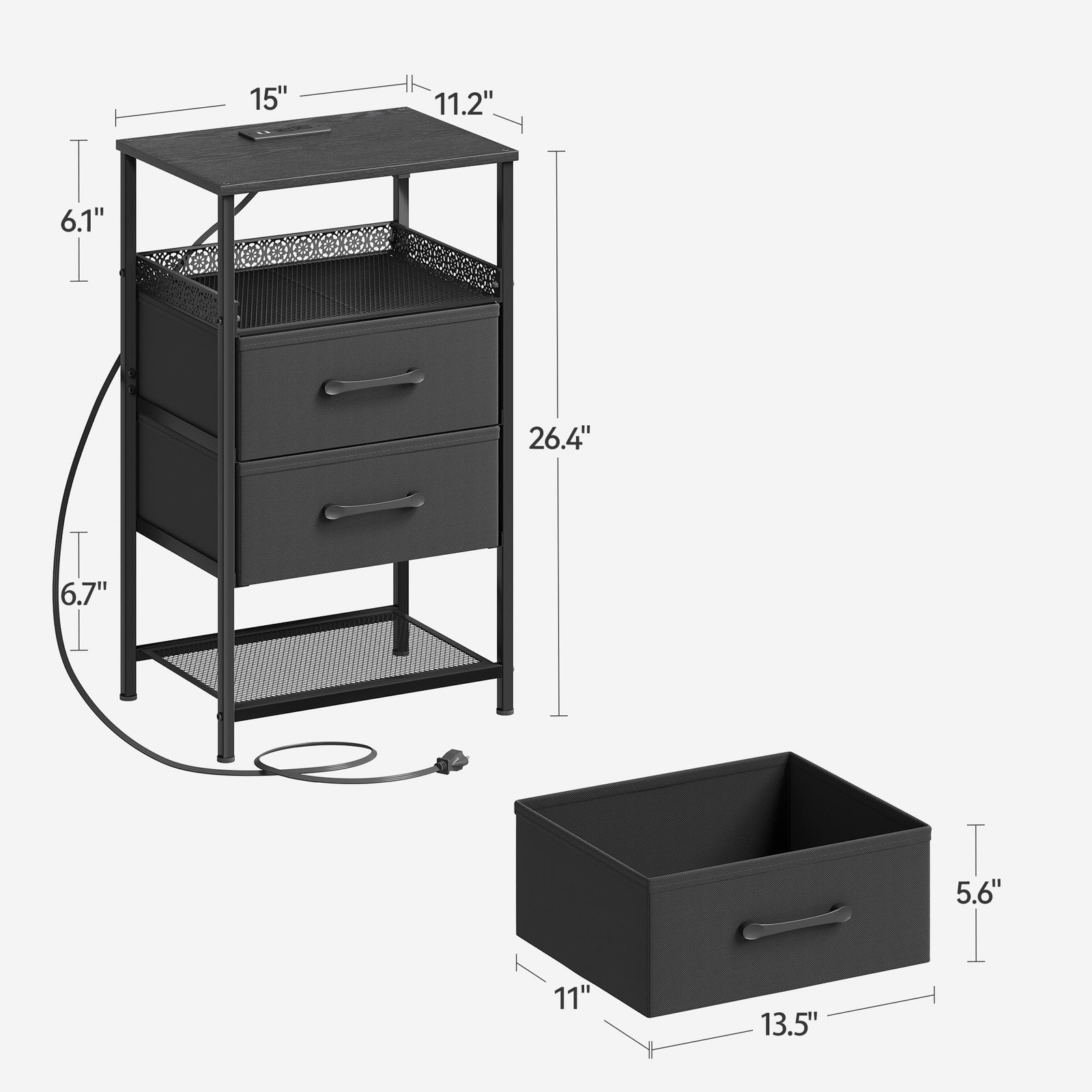 Nightstand Set of 2 with Charging 7.44 x 13.11 x 17.32 inches, Black