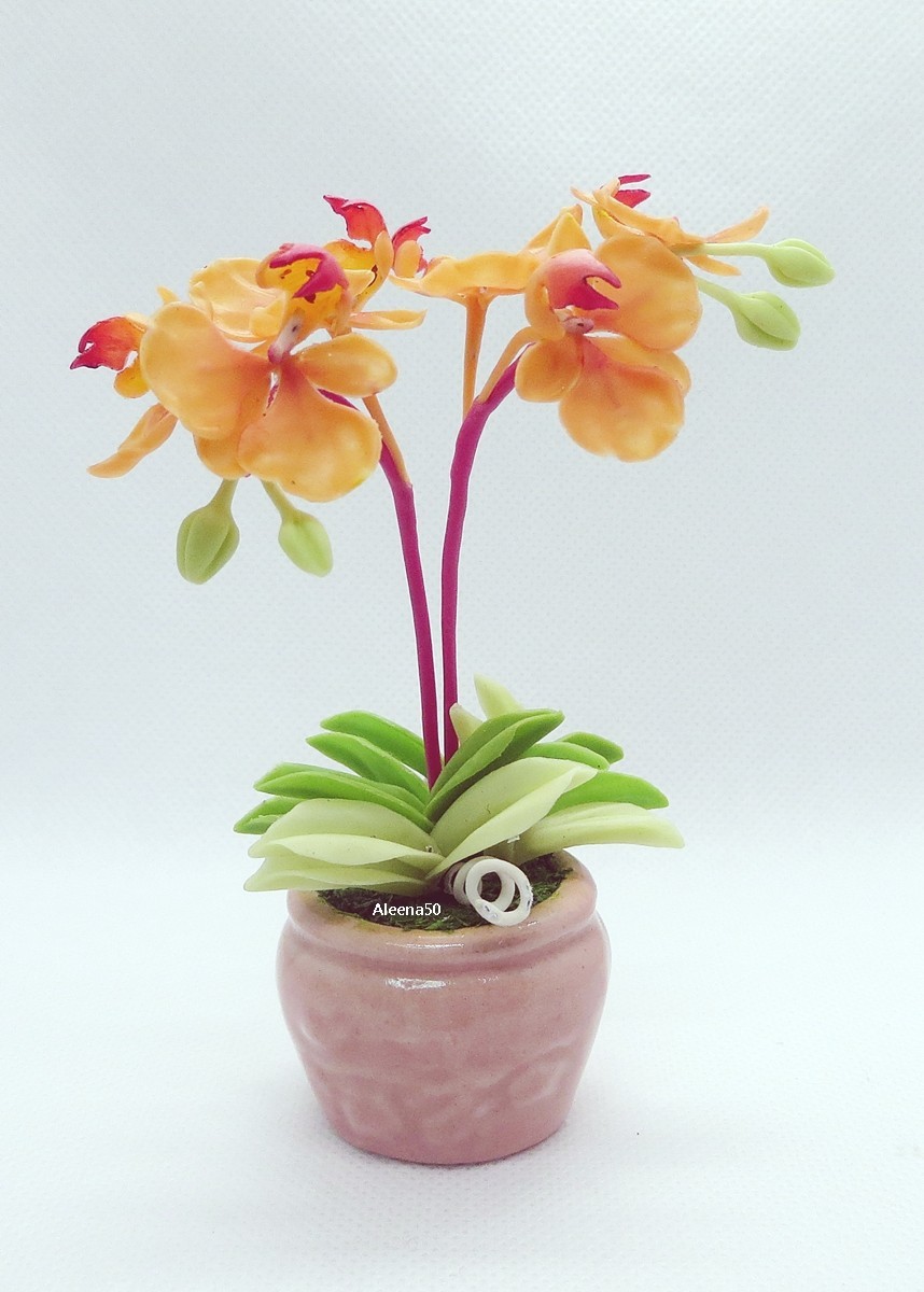 US Stock 4″H Handmade Air-Dry-Clay-Crafted Phalaenopsis Orchid Arranged in Pot