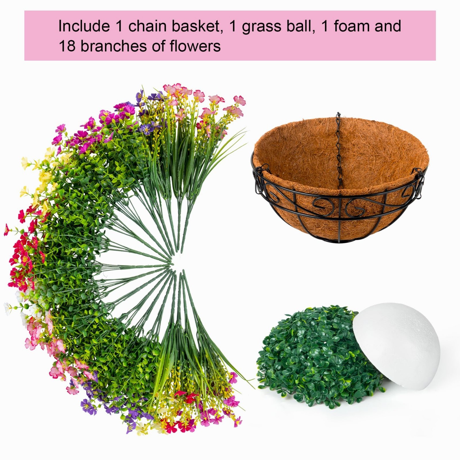 Faux Hanging Flowers in Coconut Basket – Vibrant Silk Plants for Outdoor Decor,