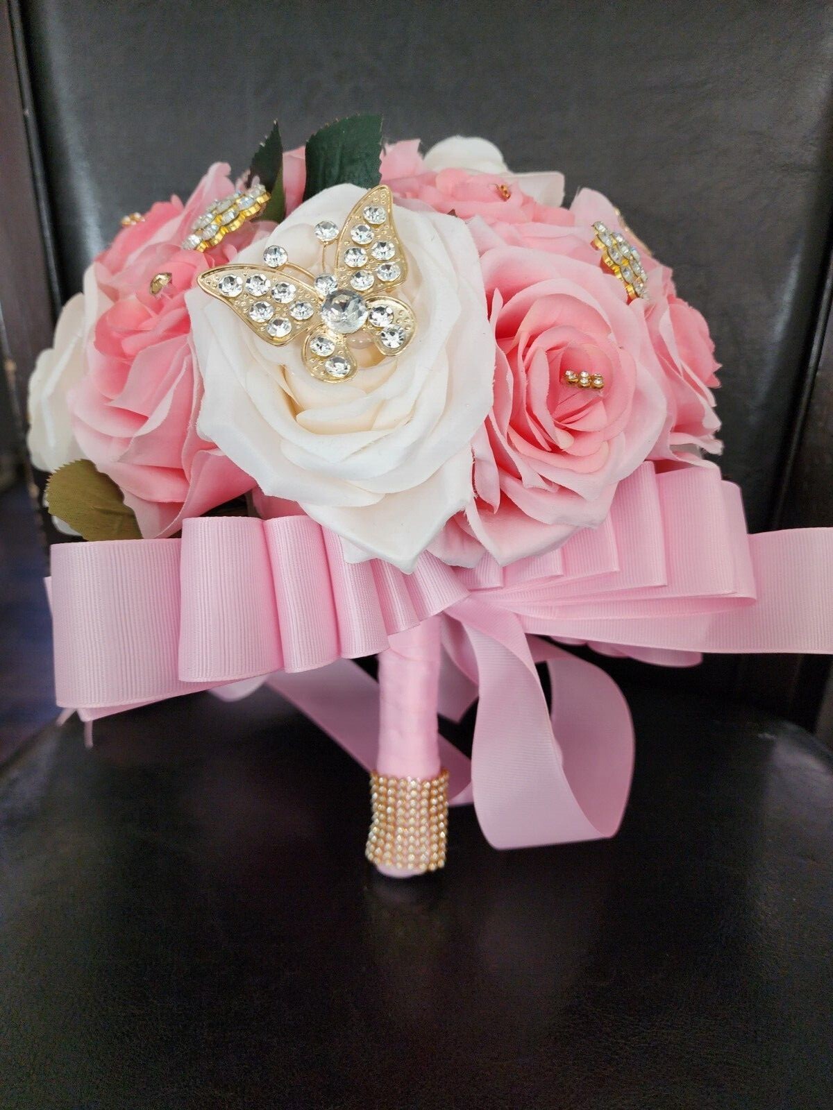 Pink & Ivory Luxury Bouquet with butterfly pendants for Quinceneras & Weddings