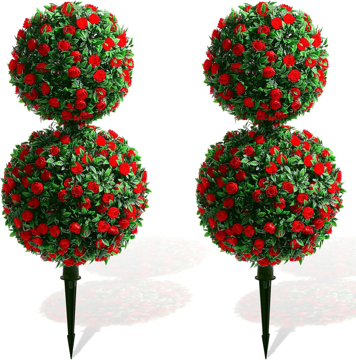 2 Pack 28 Inch Outdoor Artificial Rose Topiary Trees Double Ball with Flowers Fa
