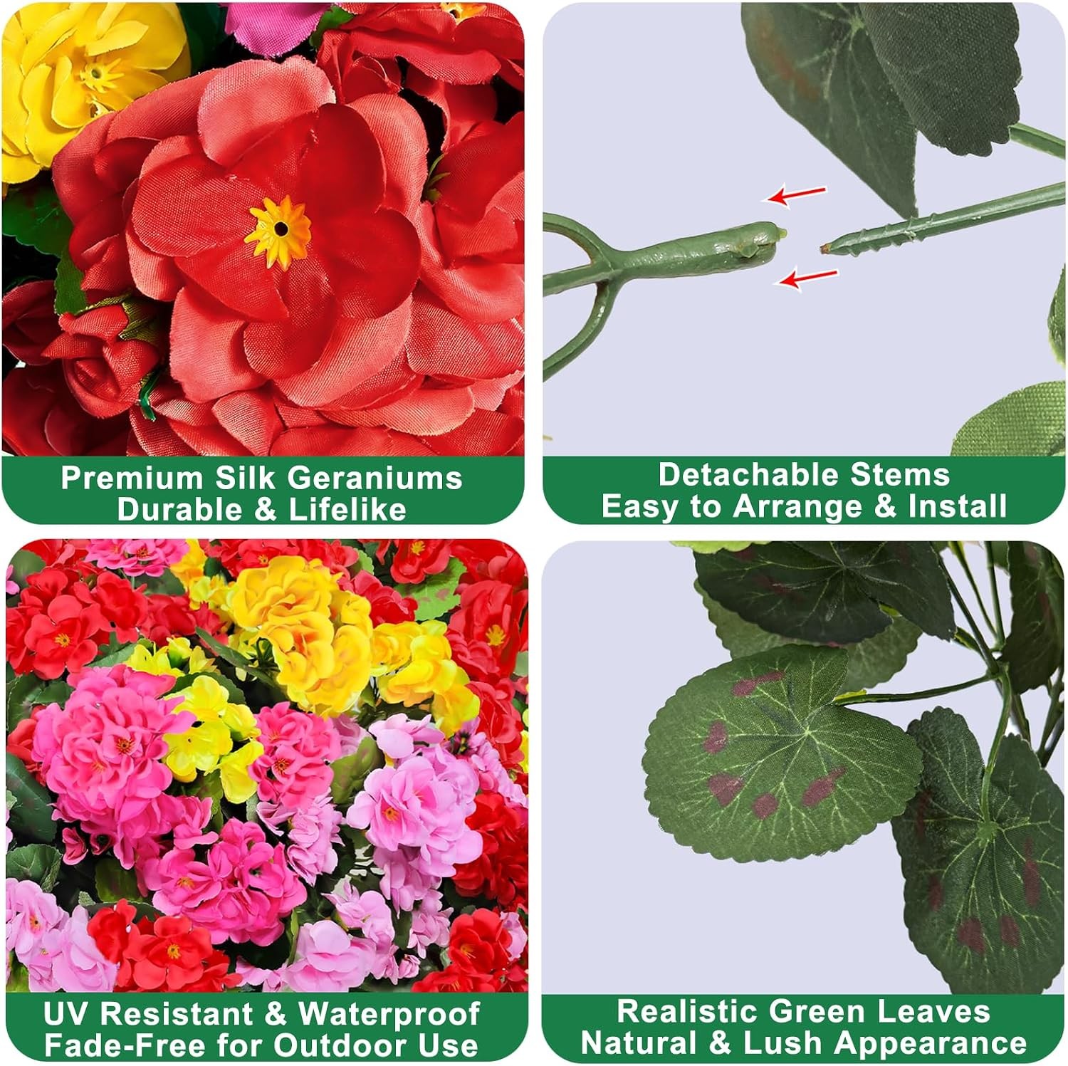 4 Bundles Artificial Geraniums Flowers for Outdoors Summer Decor | Fake Flowers