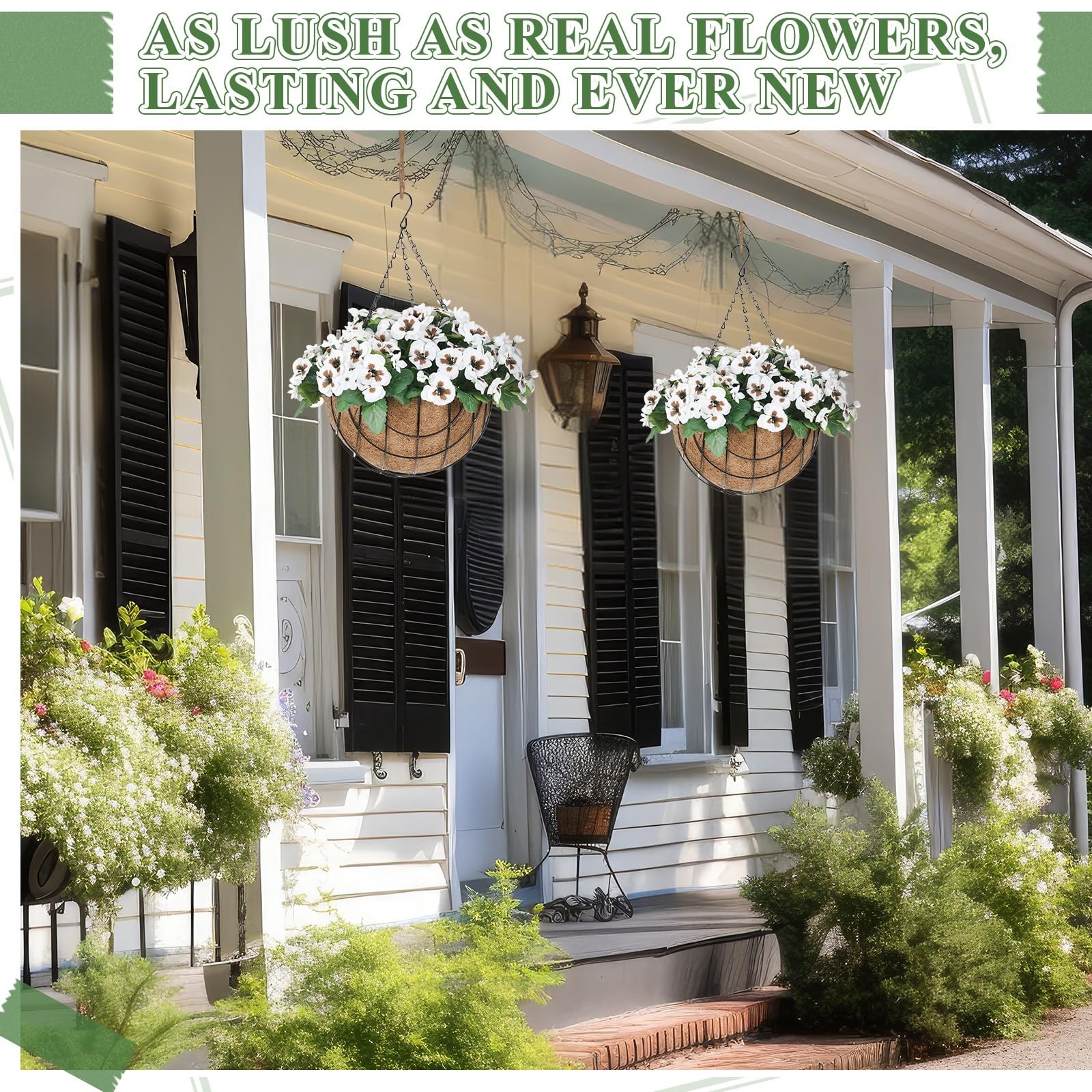 2 Set Artificial Hanging Pansy Flowers with Baskets UV Resistant Faux Silk Pa…