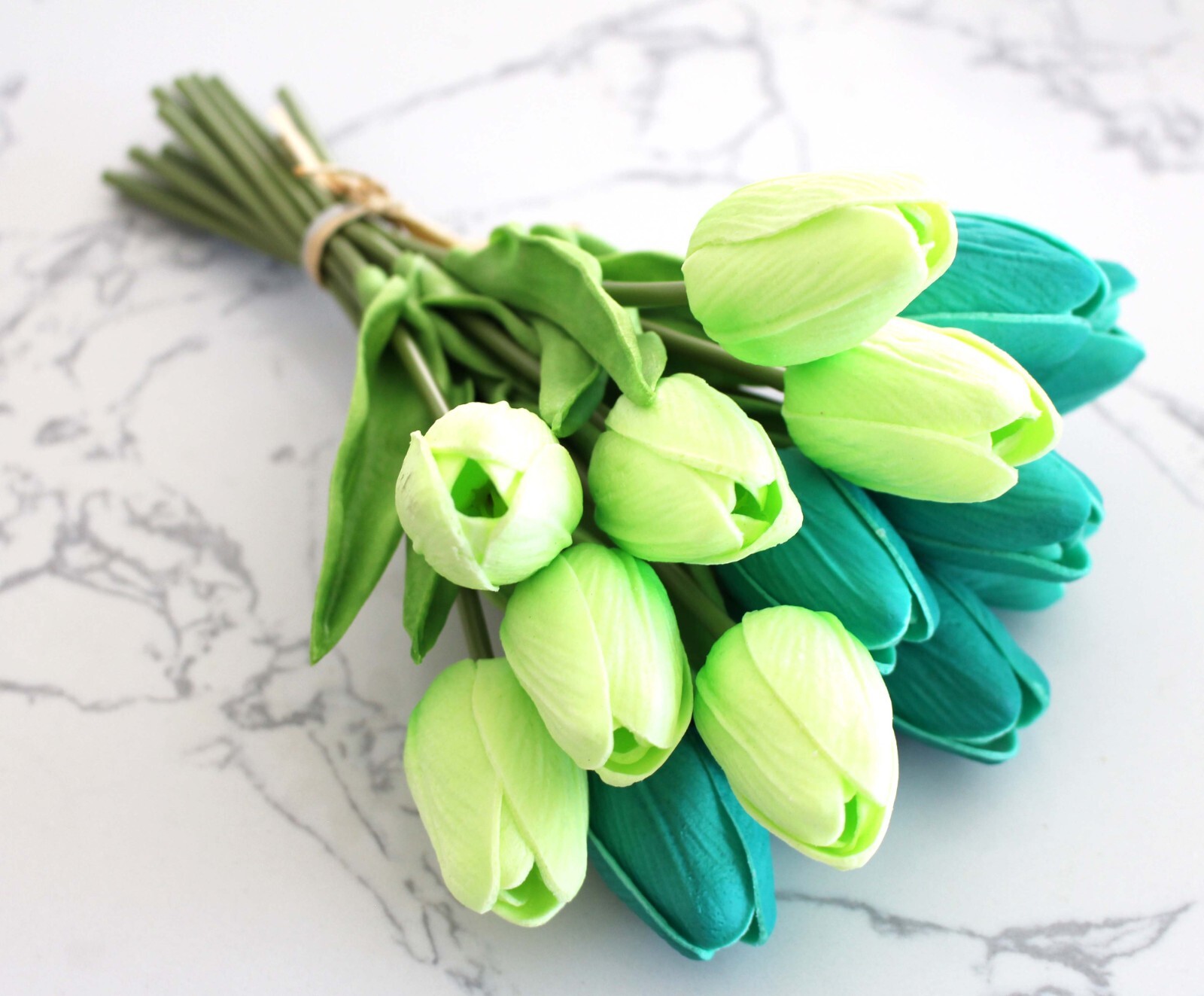 15pc Teal Apple Green Real Touch Tulip Bundle Artificial Flower Wedding DIY