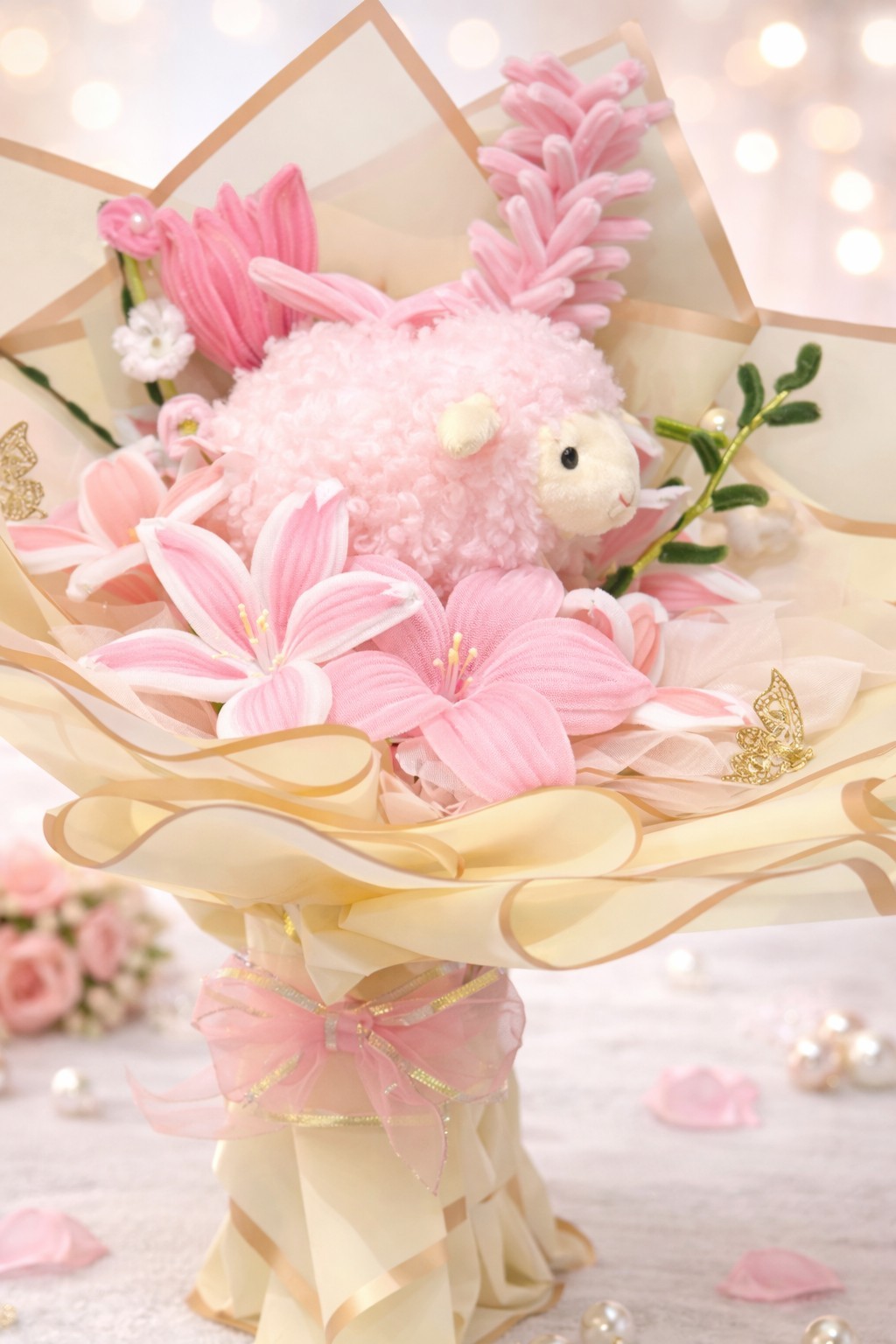 Artificial Pink Cream Flower Bouquet with Plush Toy Door Decoration Arrangement