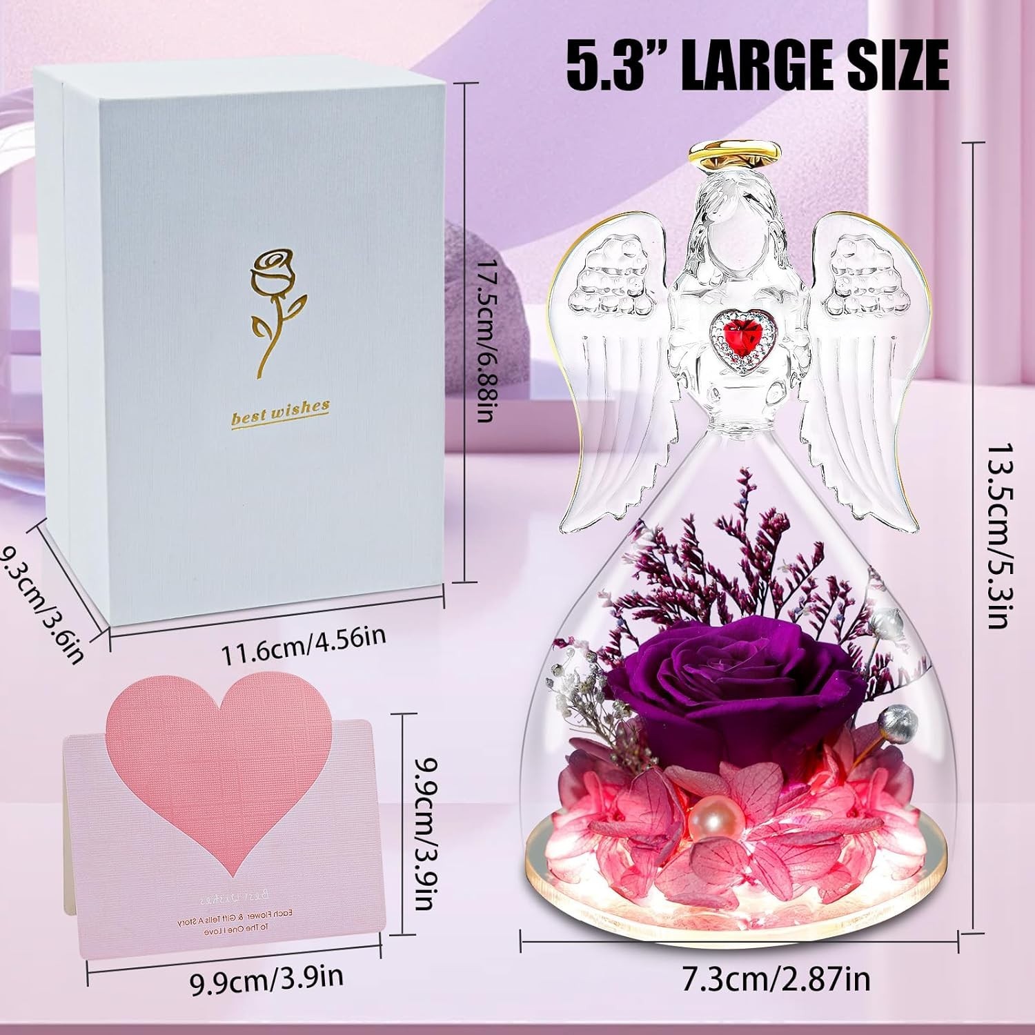 “Mothers Day Mom Gifts for Her,Preserved Flowers Rose in Glass Angel Figurines,B