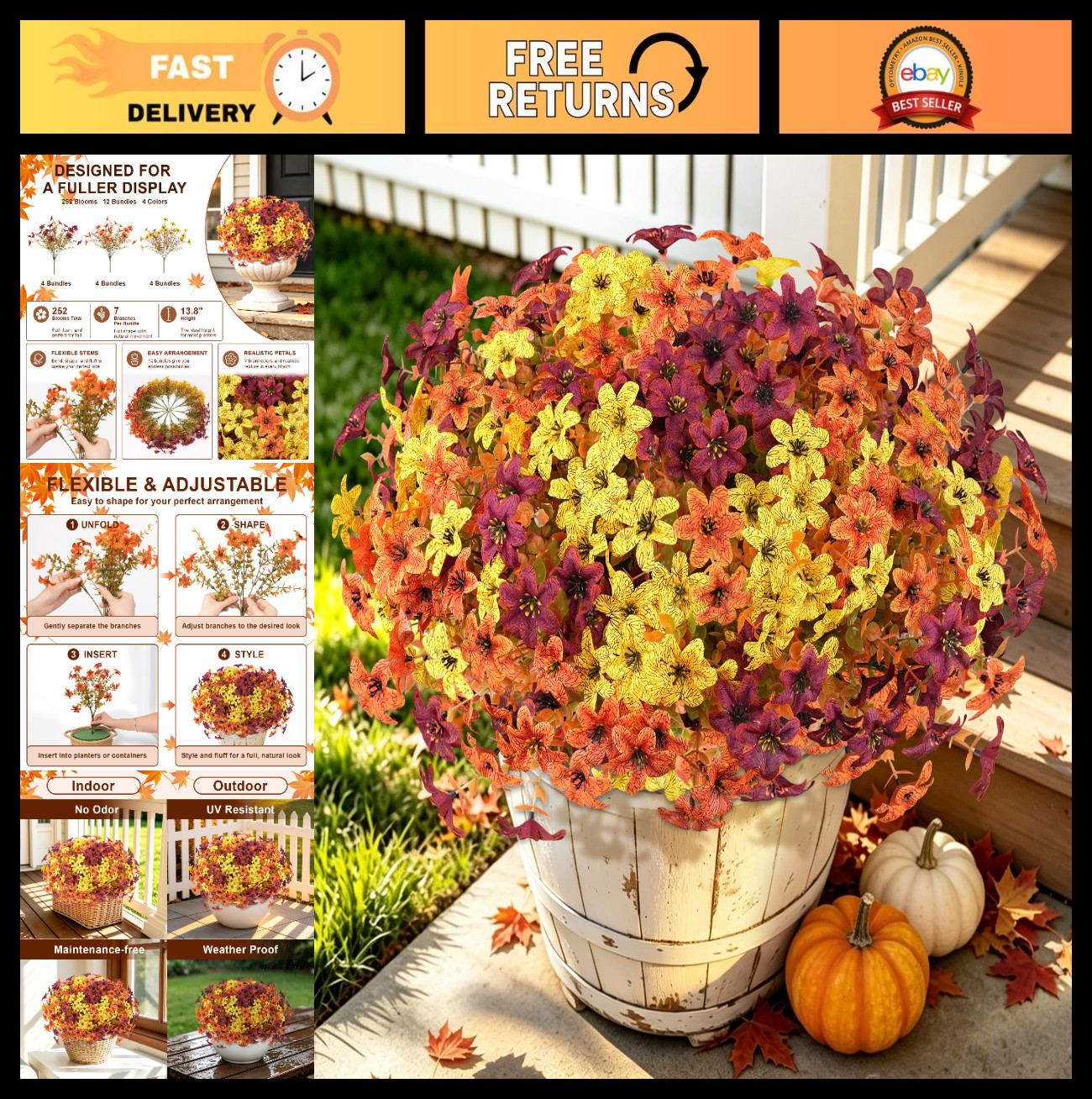 12 Bundles UV Resistant Artificial Mums Flowers – Fall Faux Daisy & Eucalyptus f