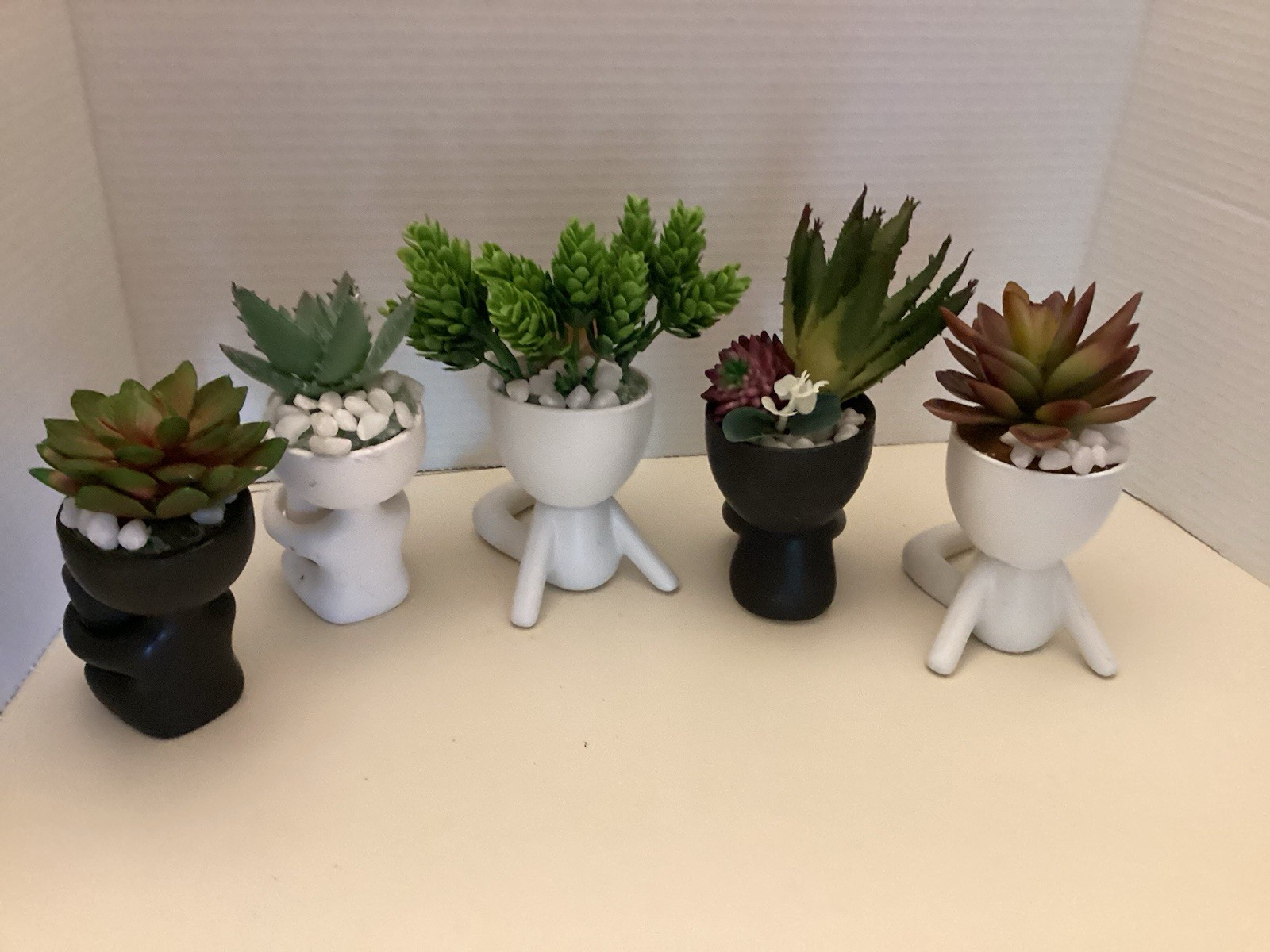 Faux Fake Succulents In Human Statue Pot Black & White Five
