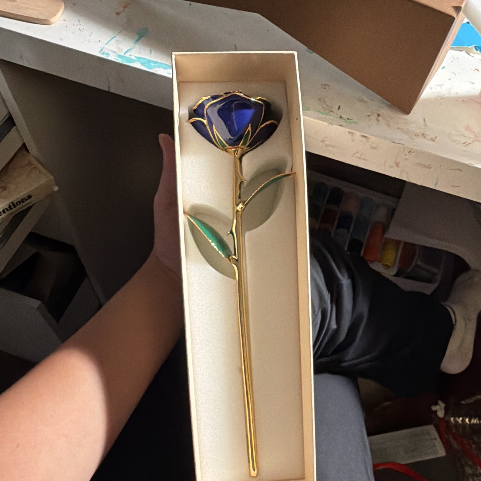 24K Gold Dipped Preserved Real Rose Flower Stem Blue 11in Gift Box + COA