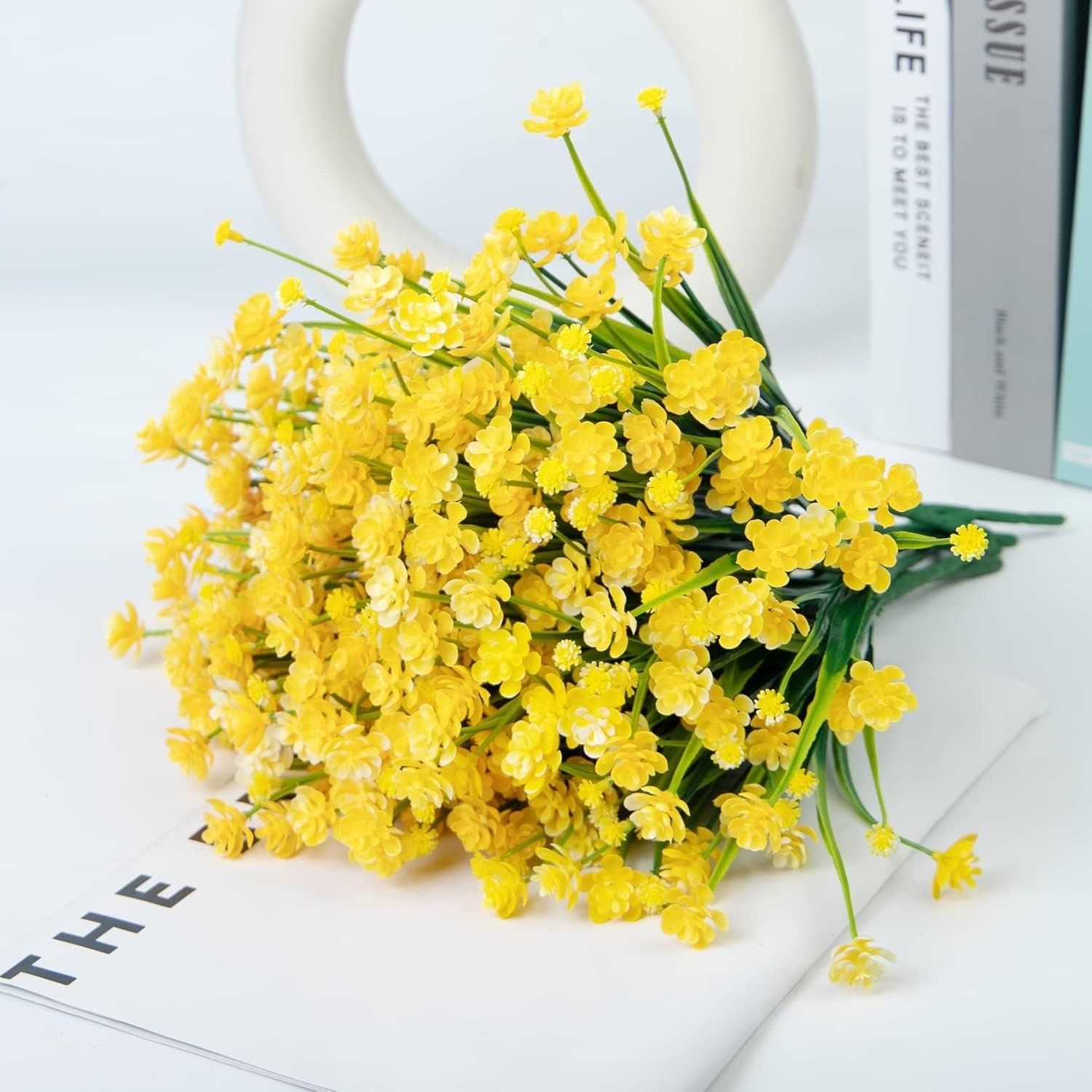 Elegant Yellow Artificial Flowers: 12 UV Resistant Bundles for Charming Spaces