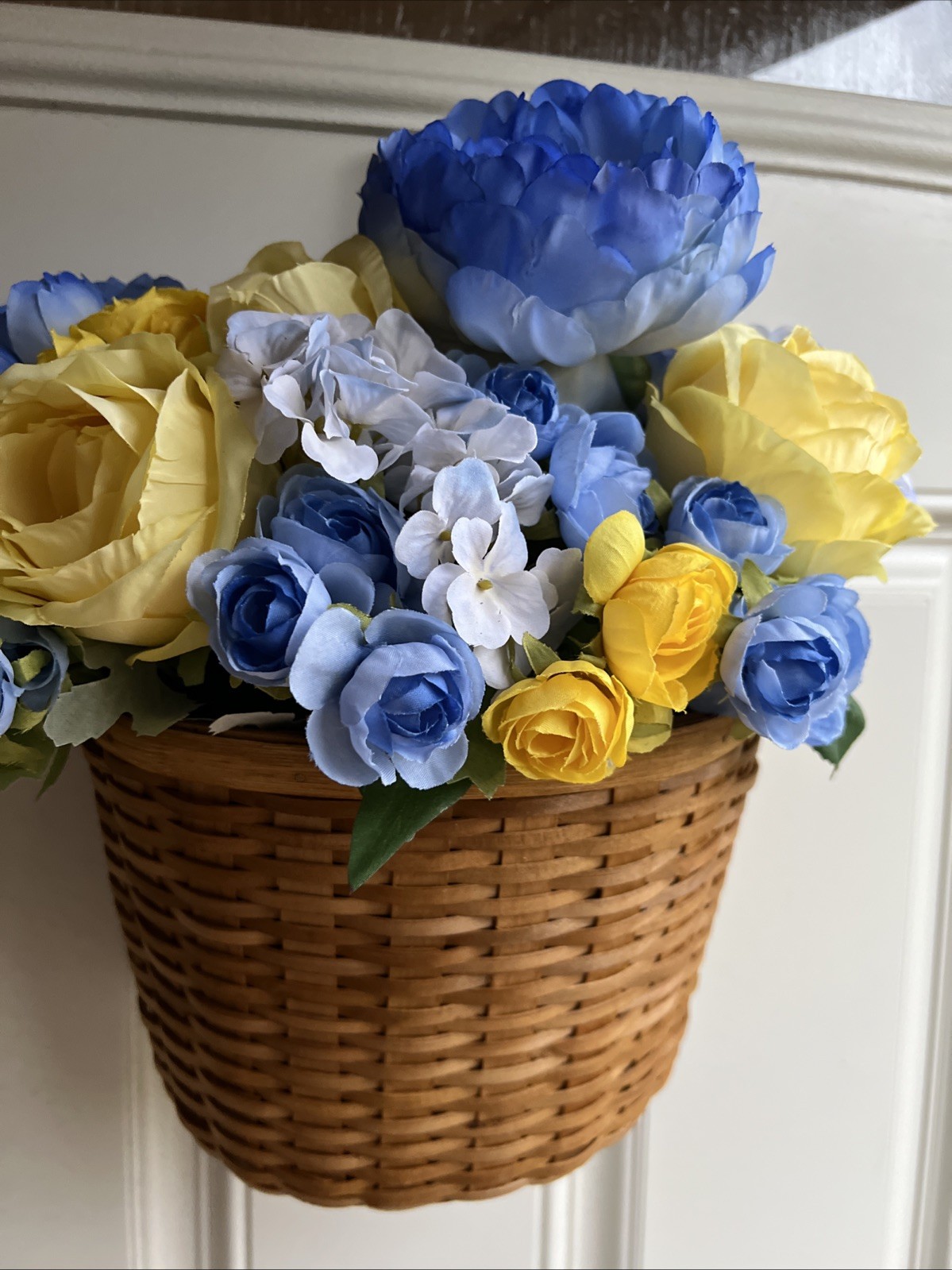 Wall Hanging Basket Floral Arrangement Yellow Roses & Bright Blue Flowers