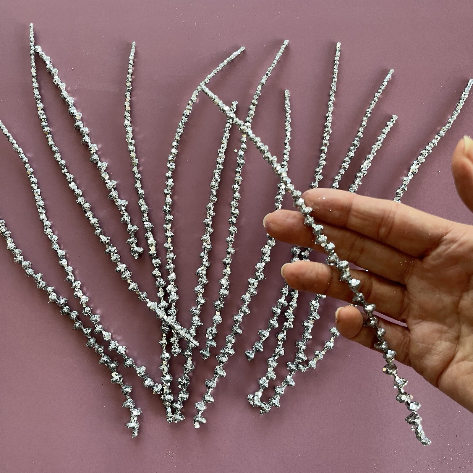 14 Silver Floral Picks Glitter Sparkle & 18 White Flocked Sparkle Twigs Sprigs