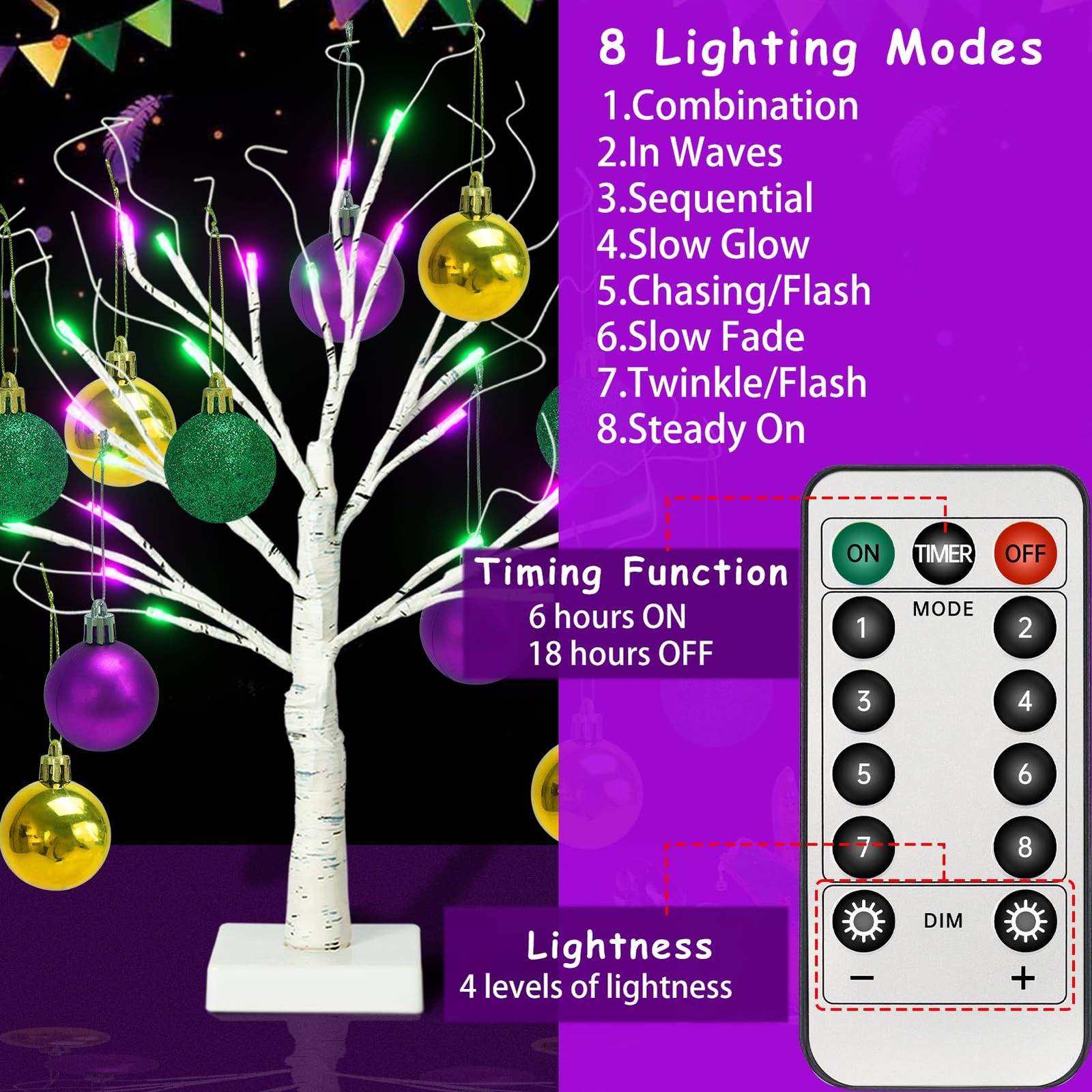 [Timer] 24” Mardi Gras Lighted Tabletop Birch Tree with 12pcs Ball Ornaments…