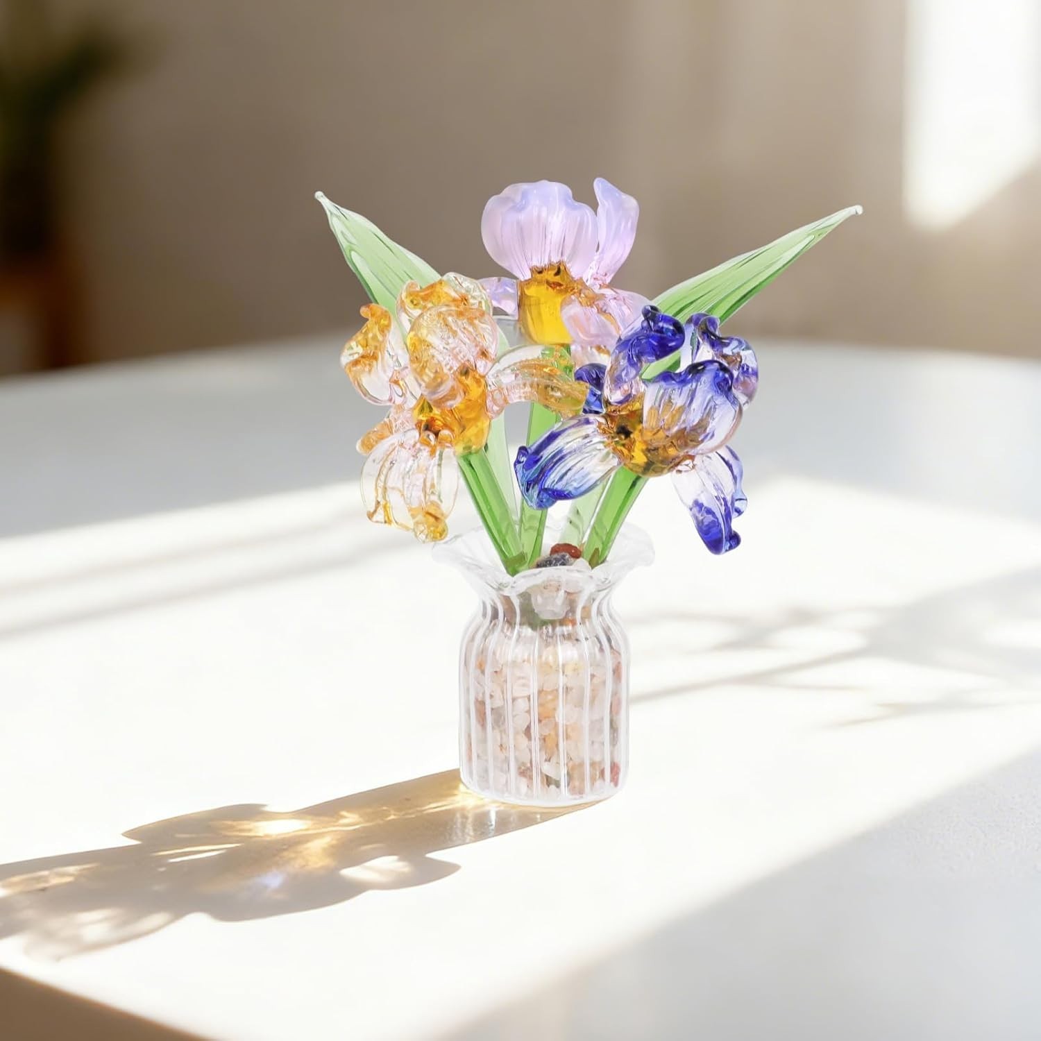 Colorful Handmade Mini Glass Flower Bouquets with Vase – Charming Centerpiece
