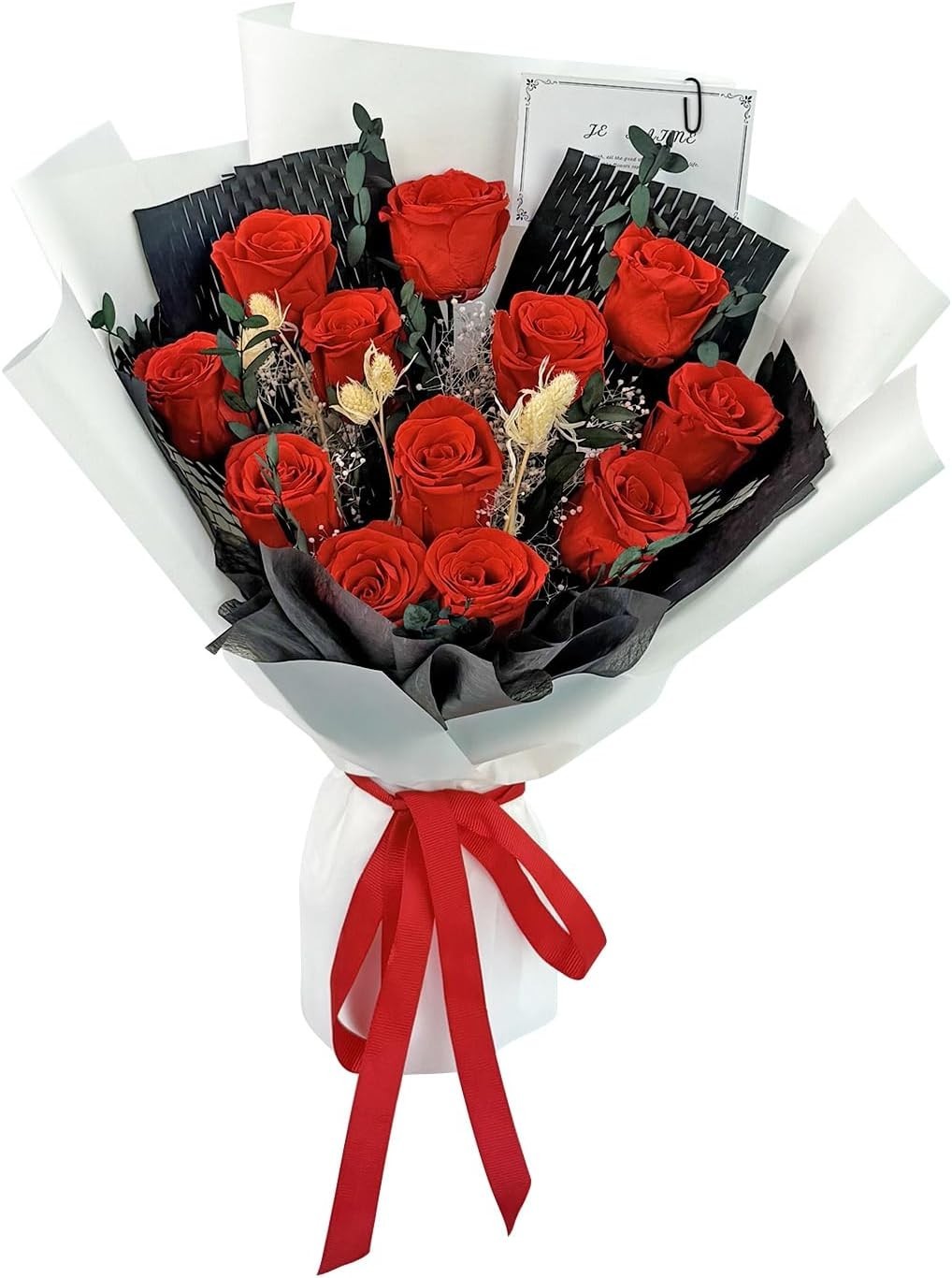 Long Lasting Preserved Roses 12 Red Flowers with Eucalyptus and Gypsophila