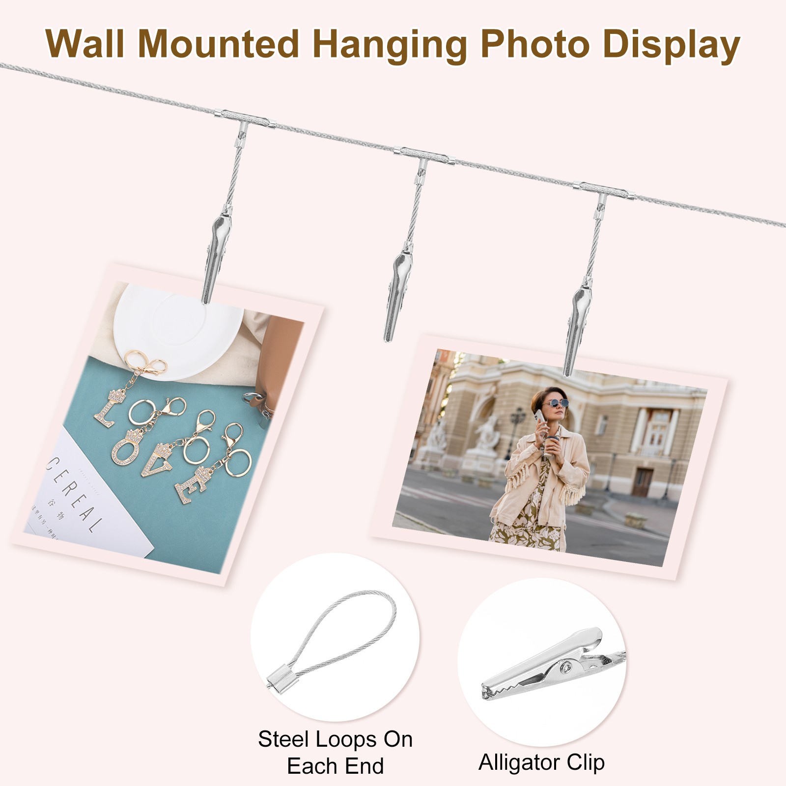 2pcs Wall Hanging Photo Display Cable Wire Rod with 20 Alligator Clips, Silver