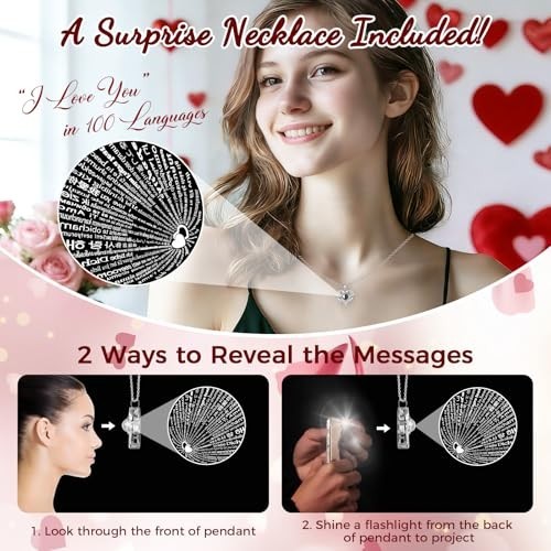 Real Red Rose Gift Box with Heart Necklace, “I Love You” in 100 Languages, Roman