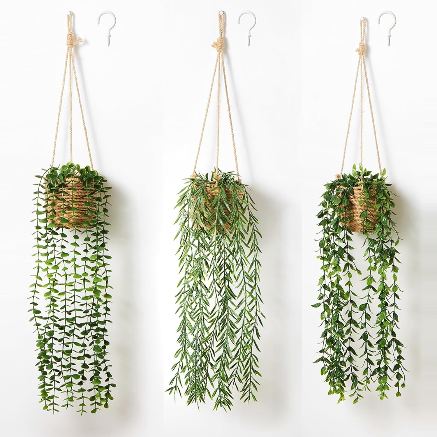 3 Pack Artificial Hanging Plants in Boho Handwoven Baskets Living Room Bedroom
