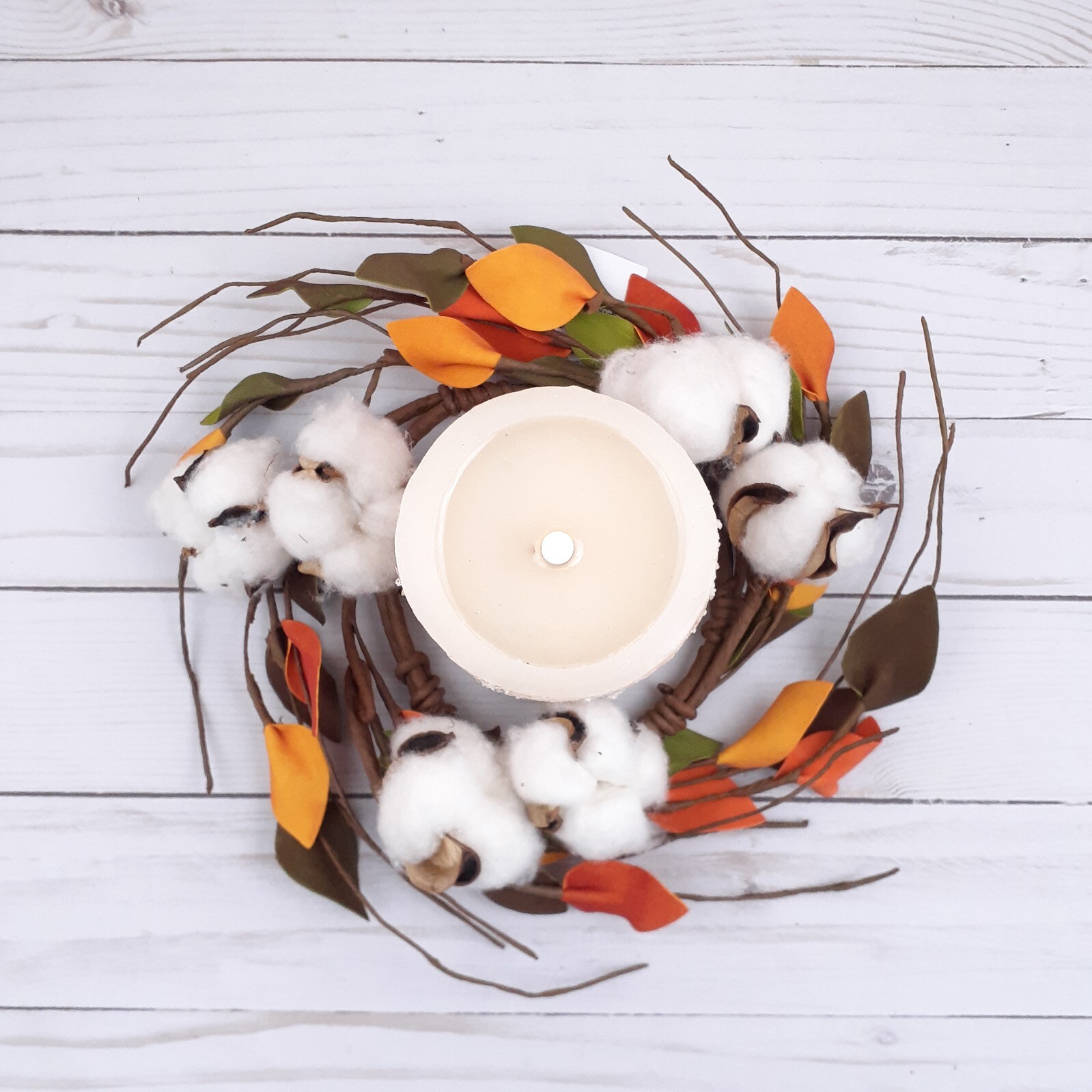 Fall Candle Ring Cotton Leaves 4 in Inside 9.5 in Overall
