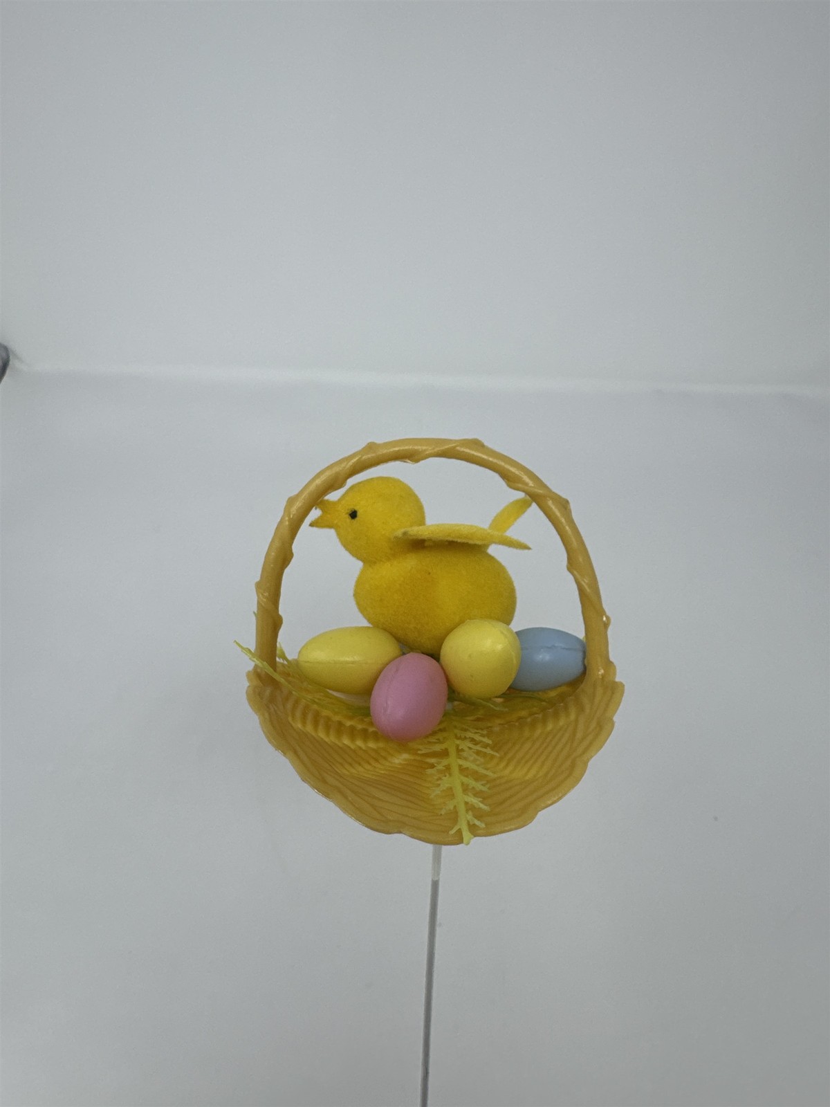 Vtg Easter Basket Chick Floral Pick Flocked Yellow Bird Plastic Eggs Spray 12″