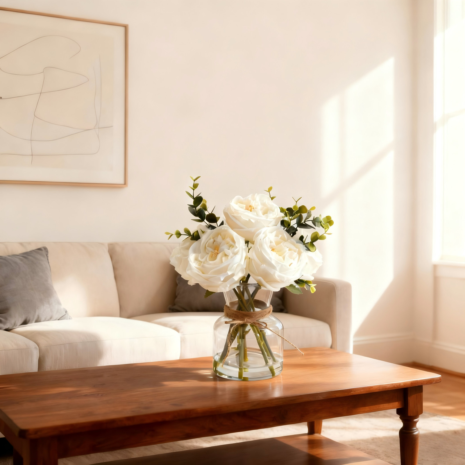Elegant White Artificial Roses in Vase w/ Faux Water Lifelike Flower for Wedding