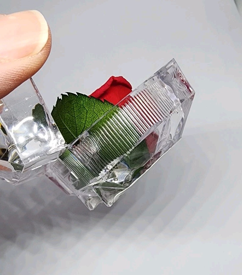 preserved Real red rose W Leaf In clear diamond shaped acrylic Ring box