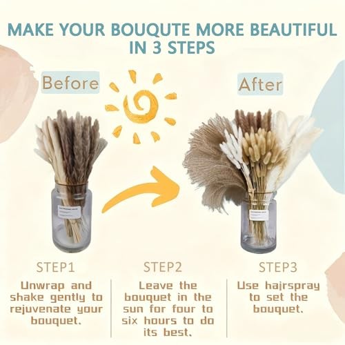 17 Inch Beige & White Dried Pampas Grass Bouquet, Bunny Rustic Glow Bouquet