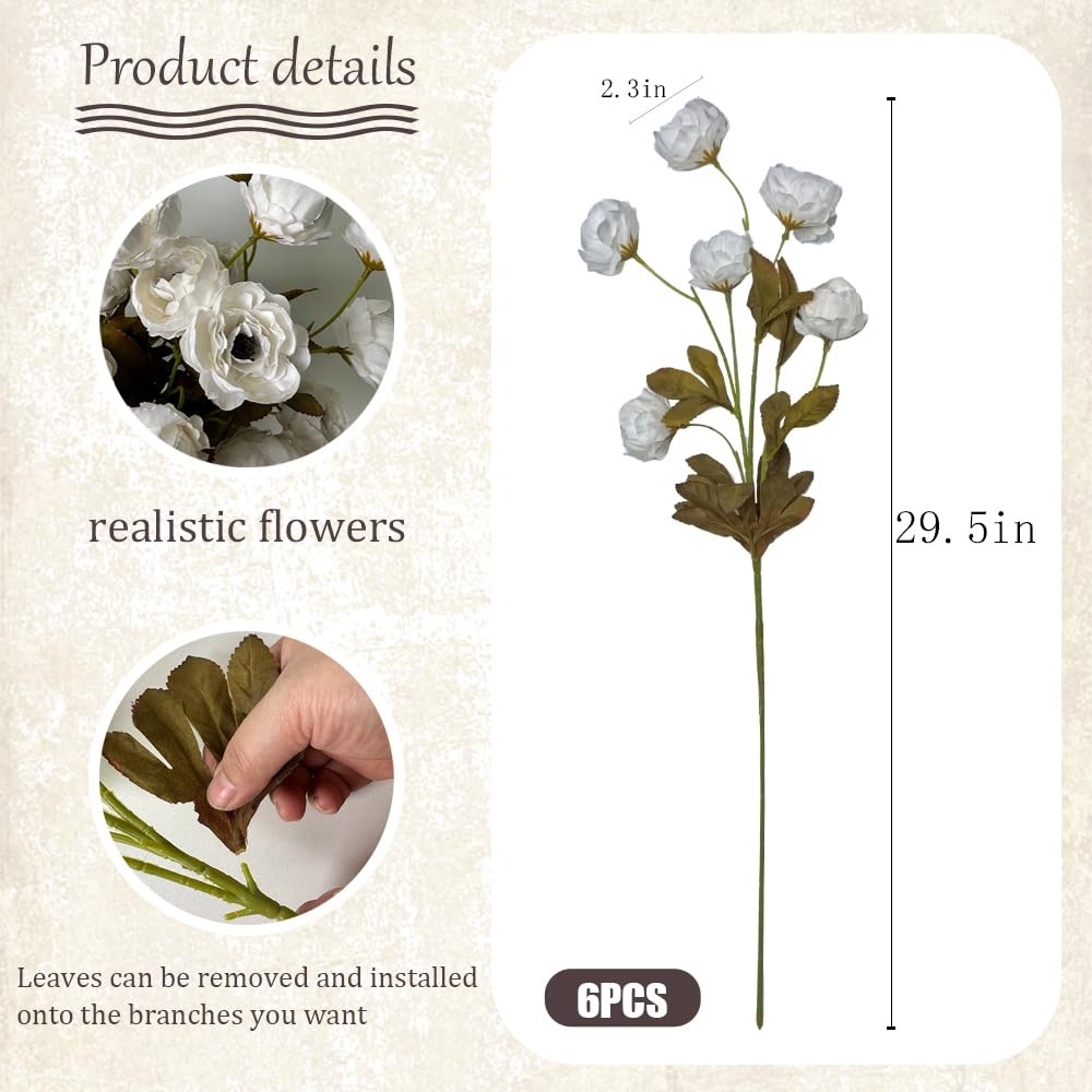 Artificial Peony for Vase, 6 Pcs Fake Peonies 28” Faux Silk Flowers Bulk Bra…