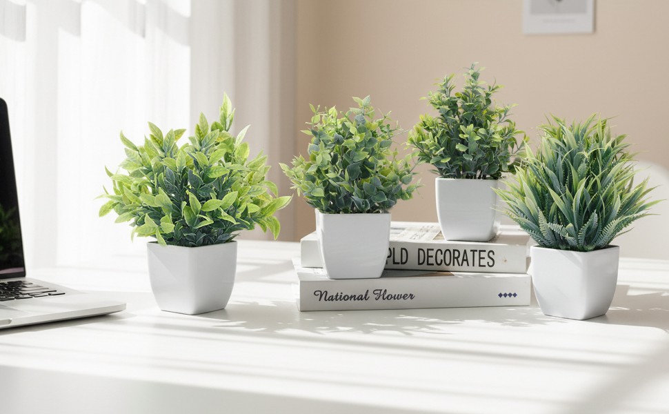 Fake Plants 4 Packs Small Artificial Greenery Mini White Potted Plants Bathroom