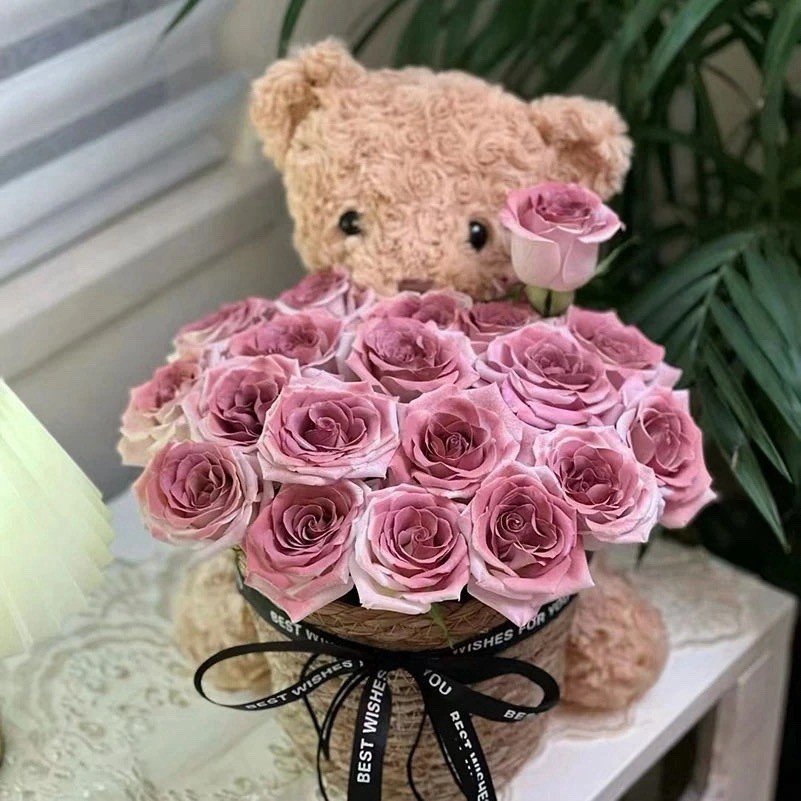 Teddy Bear With 33 Eternal Rose Bouquet— Best Gift For Girlfriend. Best Friend