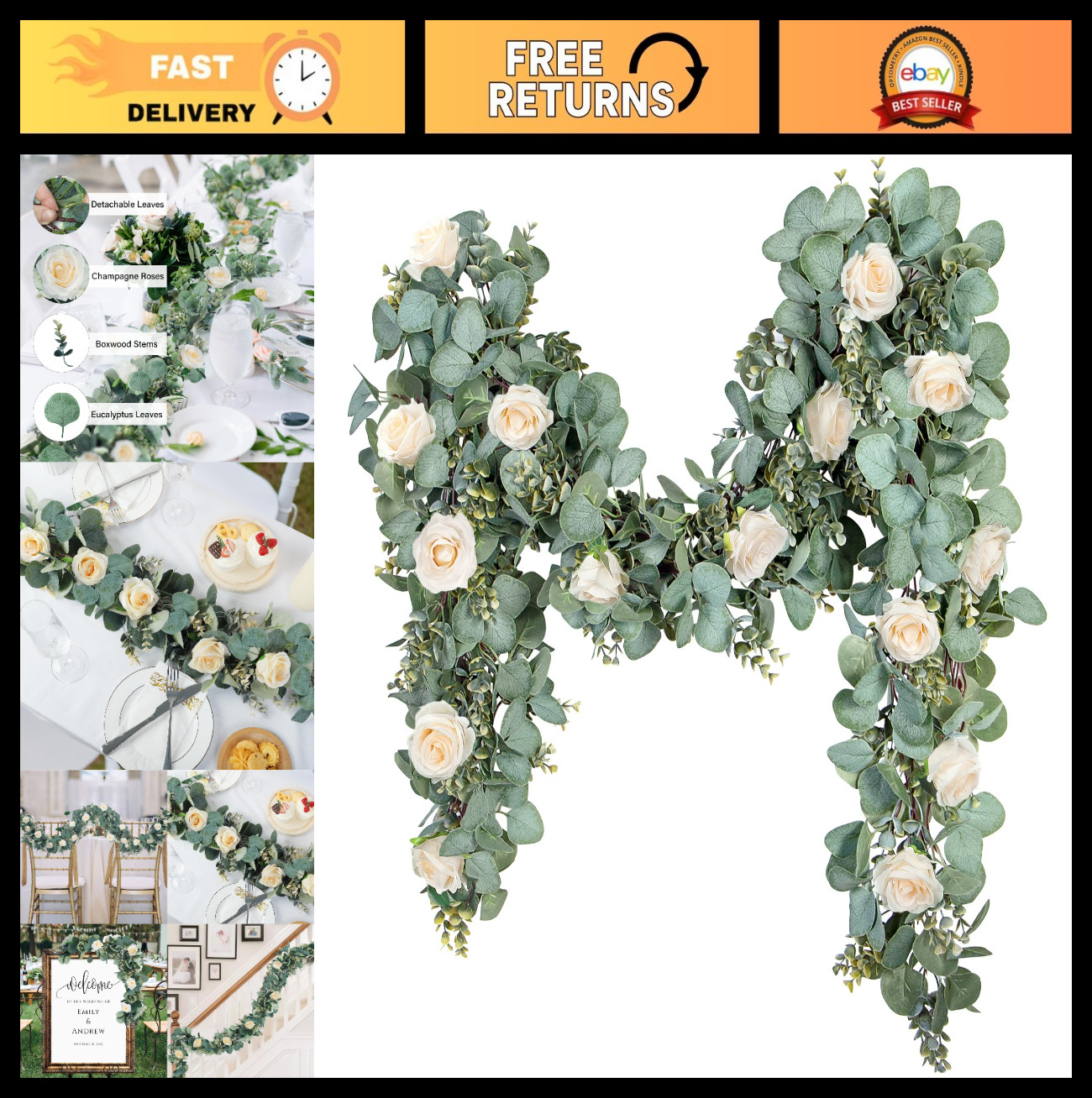 Lush Eucalyptus Garland 6.56 Ft – Faux Greenery Vines for Wedding, Baby Shower,