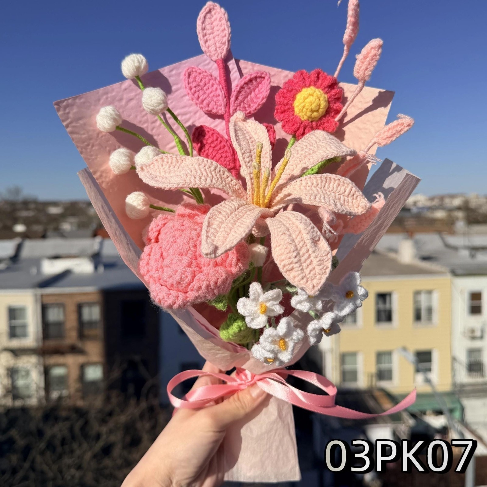 Crochet Pink Lily Daisy Bouquet Birthday Anniversary Gift for Her