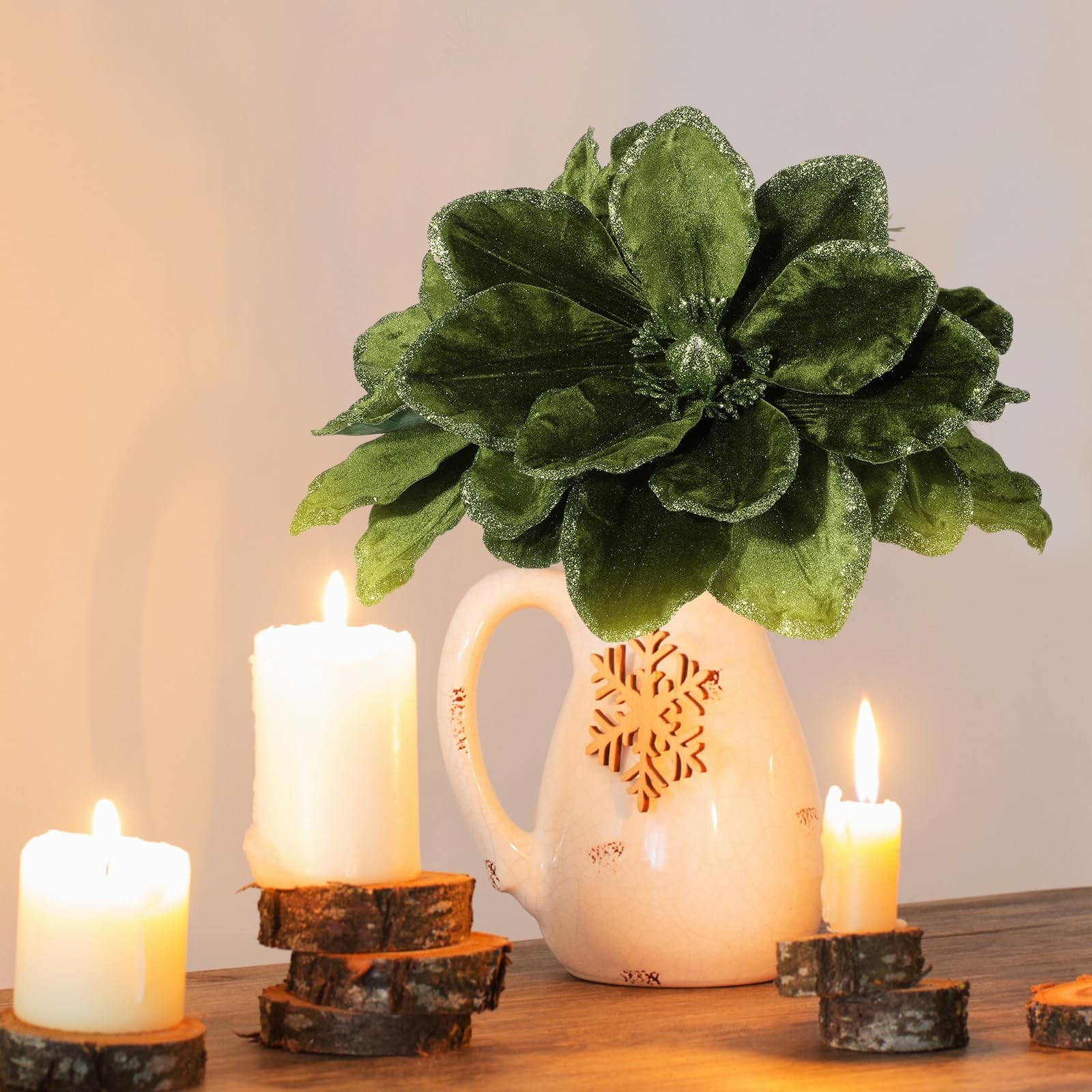 8 Pcs Large 12” Christmas Flower Forest Green Magnolia Flowers Christmas Tre…
