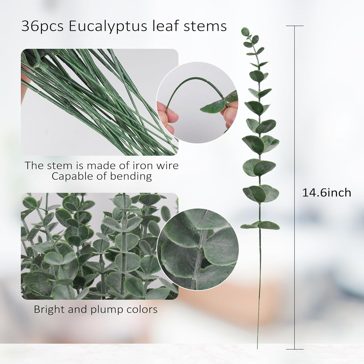 36PCS Eucalyptus Leaves Stems 15Inch Artificial Green Leaf Branches Plant Bundle