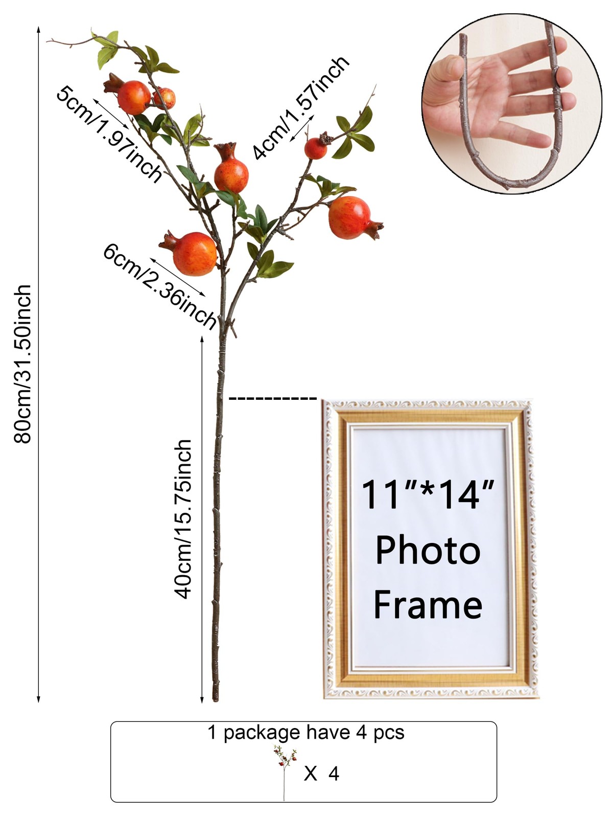 4pcs 31″ Orange Pomegranate Artificial Plants Fake Fruits Berry Branches Stem…