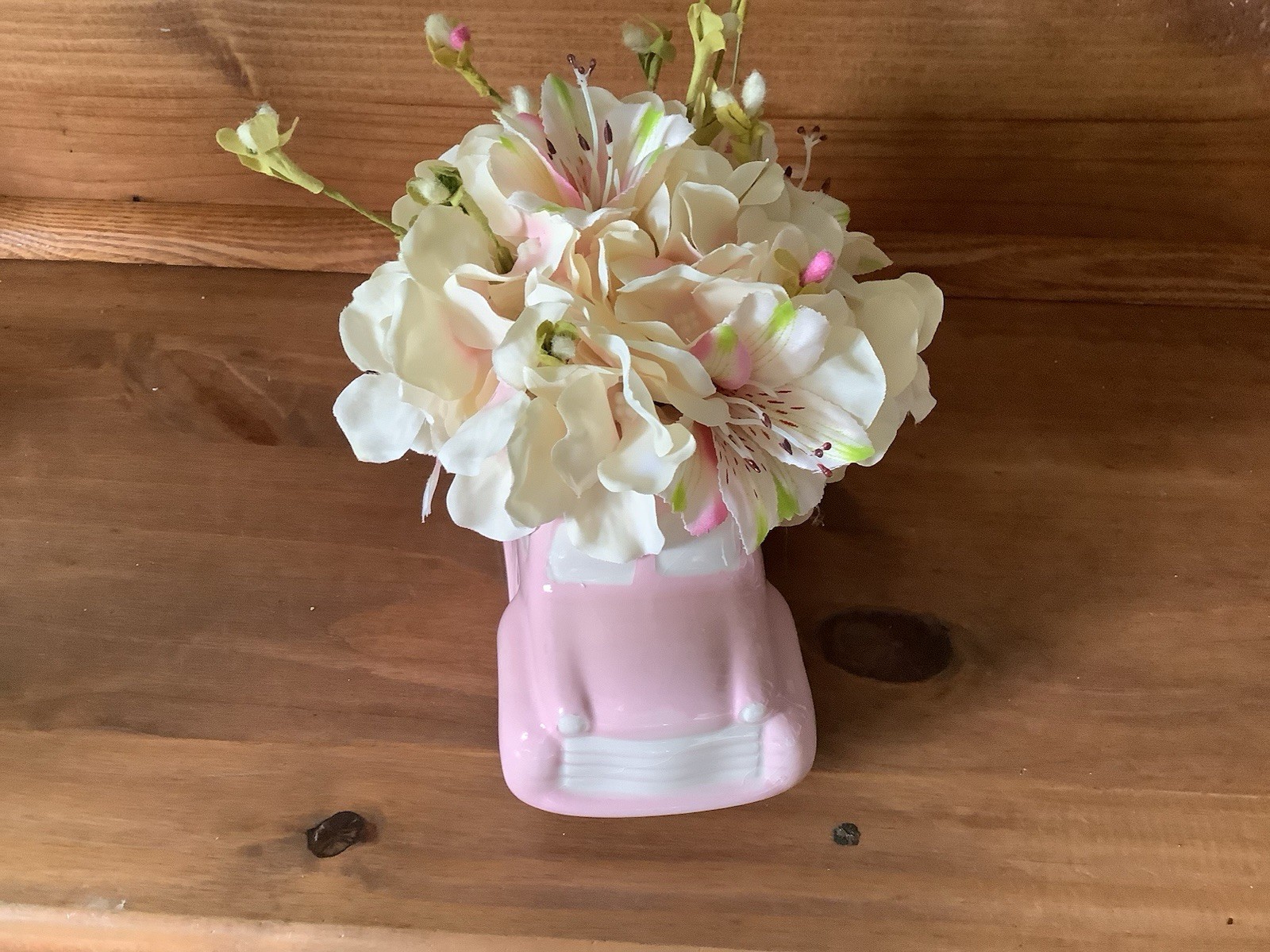 Artificial Hydrangea Flower Arrangement White Pink Green in Pink Ceramic Truck