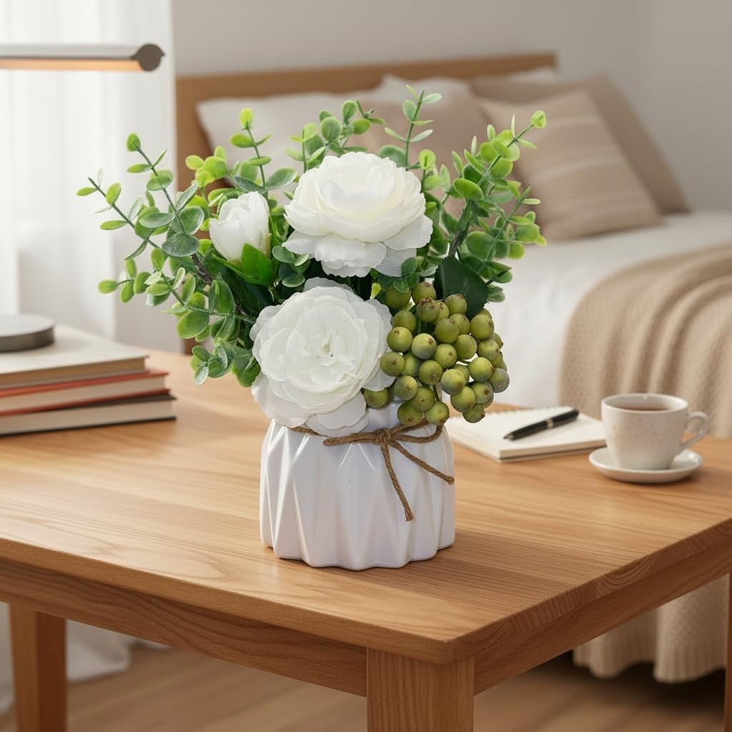 Elegant White Peony Floral Arrangement in Ceramic Vase – Low Maintenance Decor