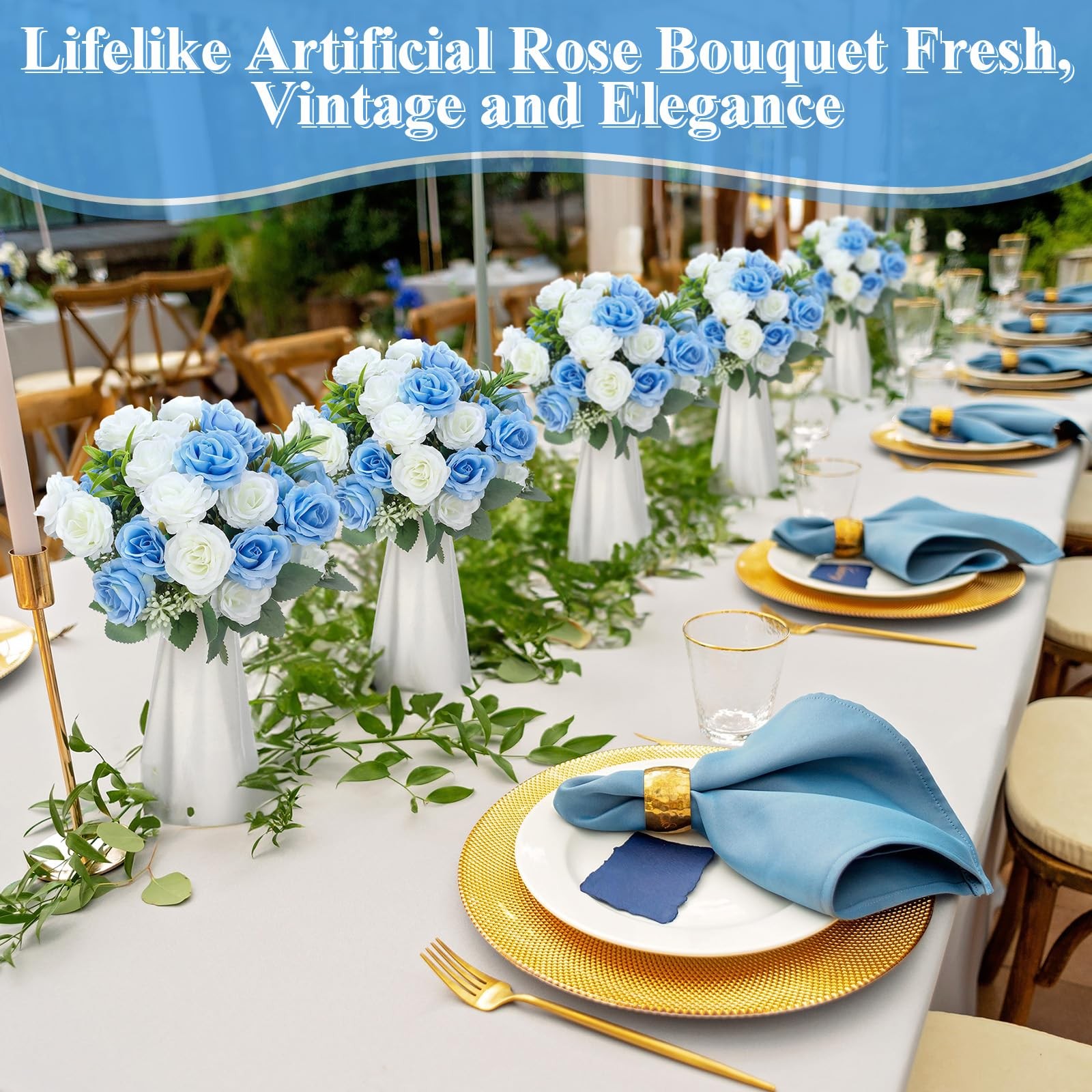 16 Bunches Artificial Mini Rose Bouquet 12 Inch 160 Heads White And Blue